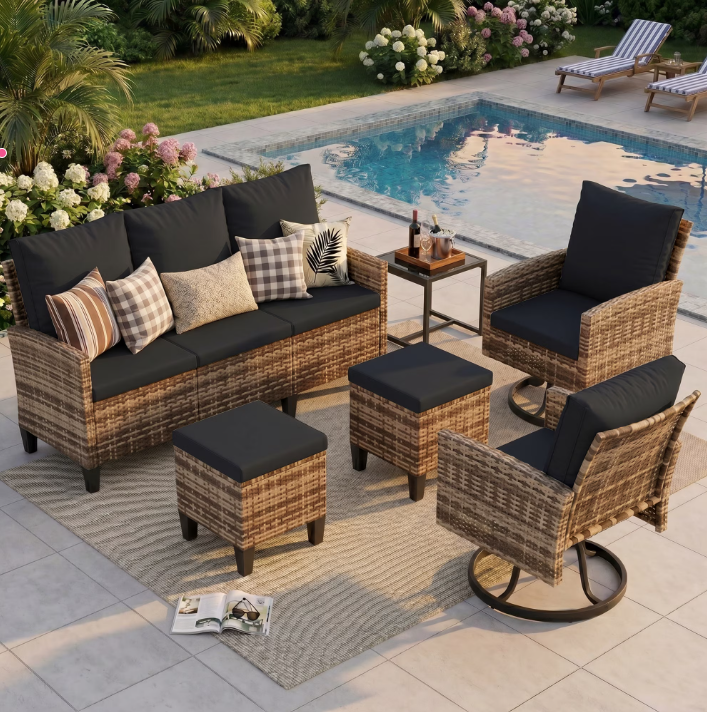 UDPATIO 6 Pieces Outdoor Conversation Set, All-Weather Wicker Rattan Outdoor Sectional Sofa Set with Ottoman and Swivel Chairs for Poolside, Backyard,Yellow Brown Wicker Black Cushions