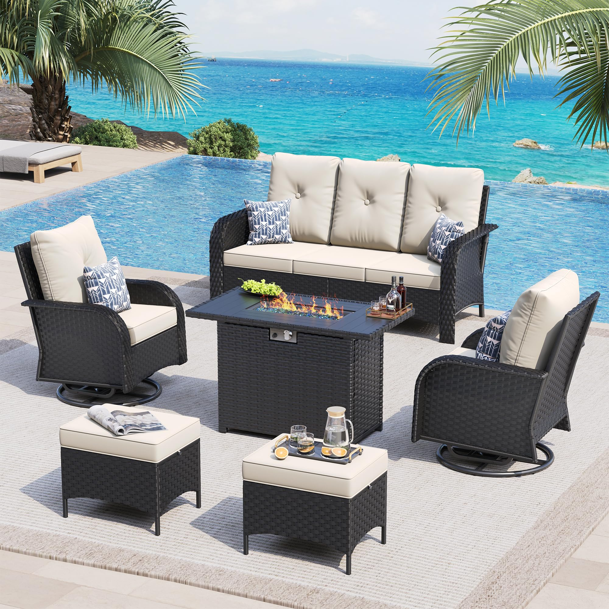 UDPATIO Patio Furniture Set with 44" Fire Pit Table, High Back 2 Swivel Rocker Chairs, Wicker Outdoor Conversation Sets with Thick Cushions & Ottoman, for Garden, Porch