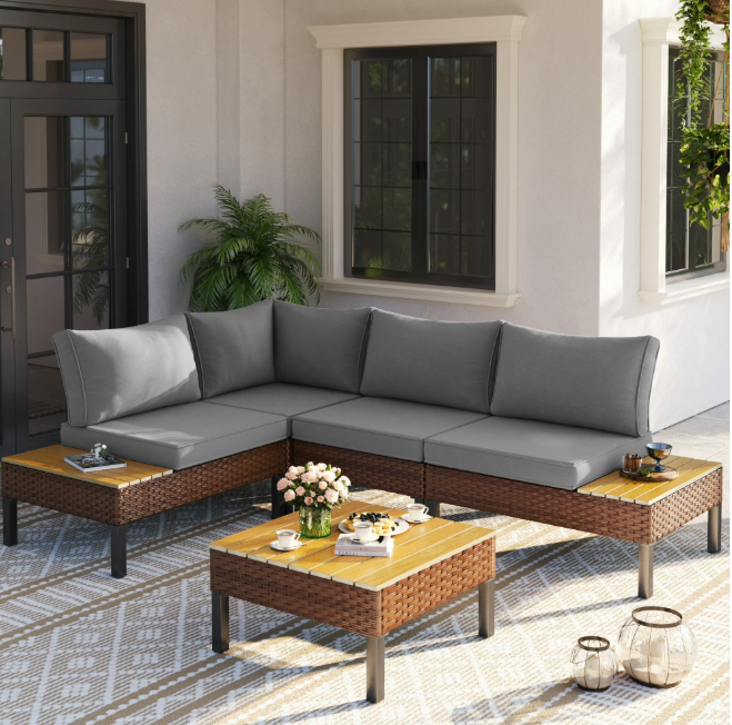 UDPATIO 5-piece Rattan Outdoor Patio Sofa Set,L-Shaped Sectional Sofa Couch with Coffee Table for Backyard,Lawn,Garden,Dark Grey