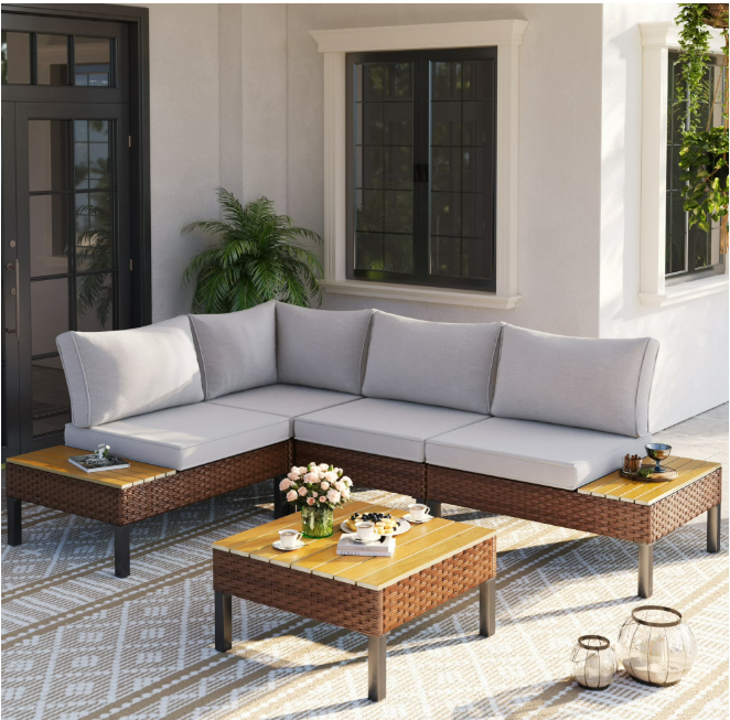 UDPATIO 5-piece Rattan Outdoor Patio Sofa Set,L-Shaped Sectional Sofa Couch with Coffee Table for Backyard,Lawn,Garden,Khaki
