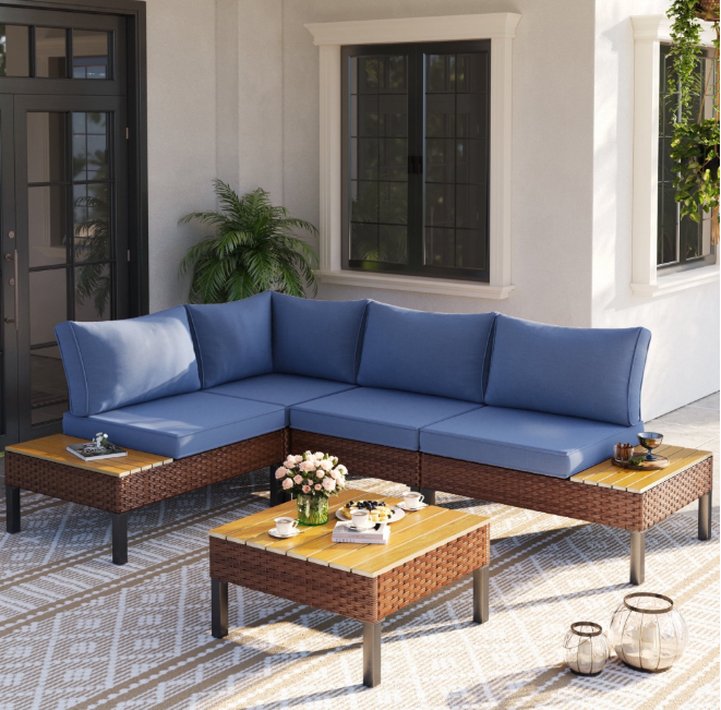 UDPATIO 5-piece Rattan Outdoor Patio Sofa Set,L-Shaped Sectional Sofa Couch with Coffee Table for Backyard,Lawn,Garden,Navy Blue
