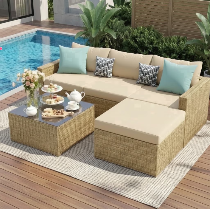 UDPATIO 5-Piece Patio Furniture Set,Outdoor Conversation Set All-Weather Rattan Wicker Outdoor Sectional Sofa Set with Ottoman for Garden & Backyard, Cream White