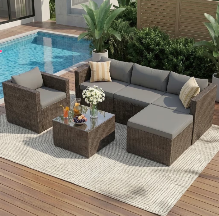 UDPATIO 6-Piece Patio Furniture Set,Outdoor Conversation Set All-Weather Rattan Wicker Outdoor Sectional Sofa Set with Ottoman for Garden & Backyard, Gray