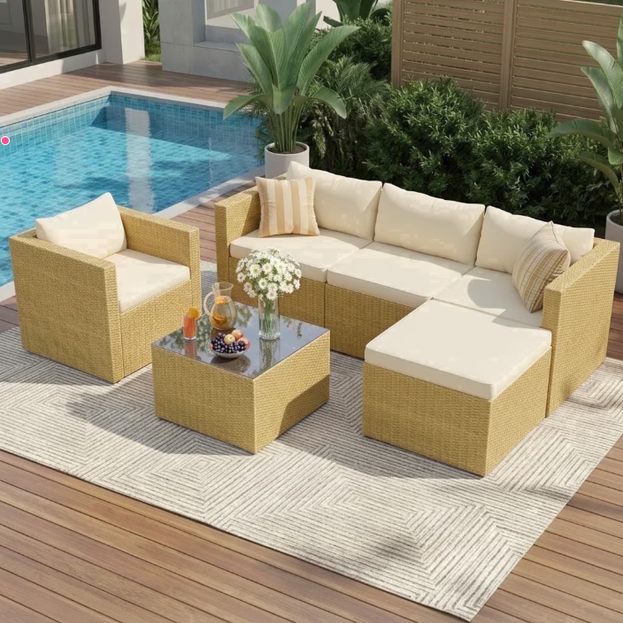 UDPATIO 6-Piece Patio Furniture Set,Outdoor Conversation Set All-Weather Rattan Wicker Outdoor Sectional Sofa Set with Ottoman for Garden & Backyard,Cream White