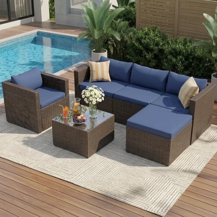 UDPATIO 6-Piece Patio Furniture Set,Outdoor Conversation Set All-Weather Rattan Wicker Outdoor Sectional Sofa Set with Ottoman for Garden & Backyard,Navy Blue