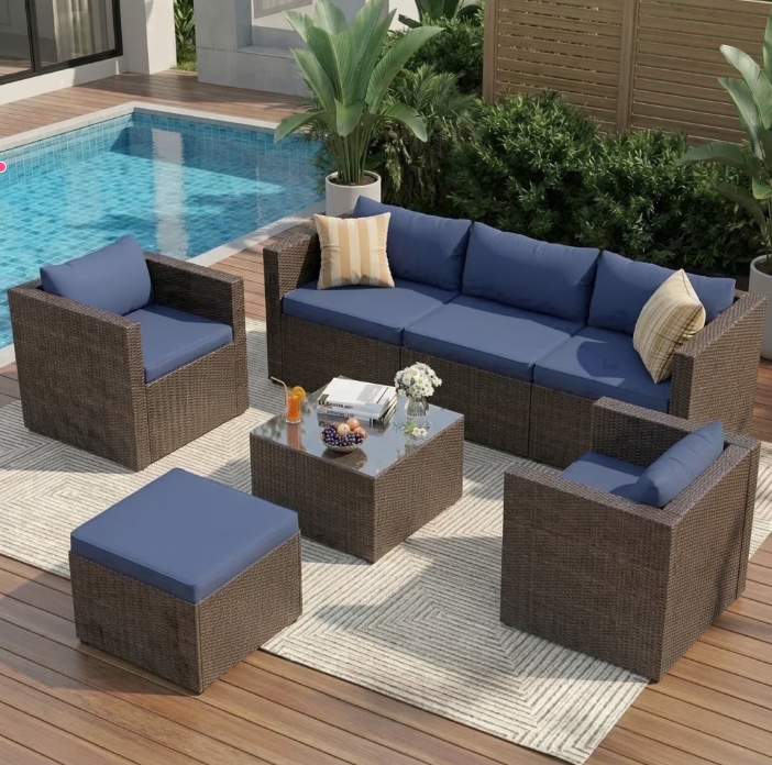 UDPATIO 7-Piece Patio Furniture Set,Outdoor Patio Furniture Set All-Weather Rattan Wicker Patio Conversation Set with Ottoman, Single Chair, Cushions & Glass Table for Garden & Backyard,,Navy Blue