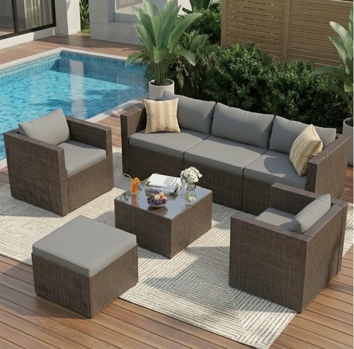 UDPATIO 7-Piece Patio Furniture Set,Outdoor Patio Furniture Set All-Weather Rattan Wicker Patio Conversation Set with Ottoman, Single Chair, Cushions & Glass Table for Garden & Backyard, Gray