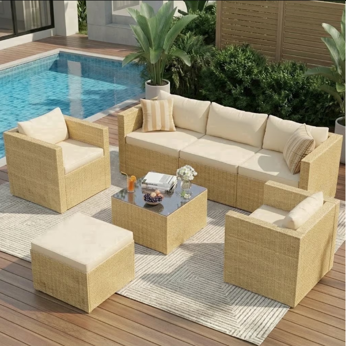 UDPATIO 7-Piece Patio Furniture Set,Outdoor Patio Furniture Set All-Weather Rattan Wicker Patio Conversation Set with Ottoman, Single Chair, Cushions & Glass Table for Garden & Backyard, Cream White