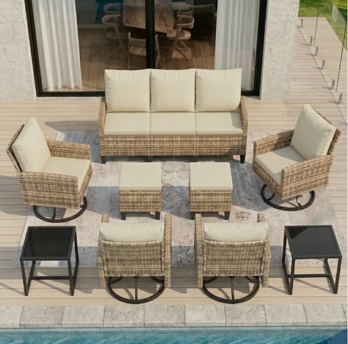 UDPATIO 9 Pieces Outdoor Conversation Set, All-Weather Wicker Rattan Outdoor Sectional Sofa Set with Ottoman and Swivel Chairs for Poolside, Backyard,Yellow Brown Wicker Beige Cushions