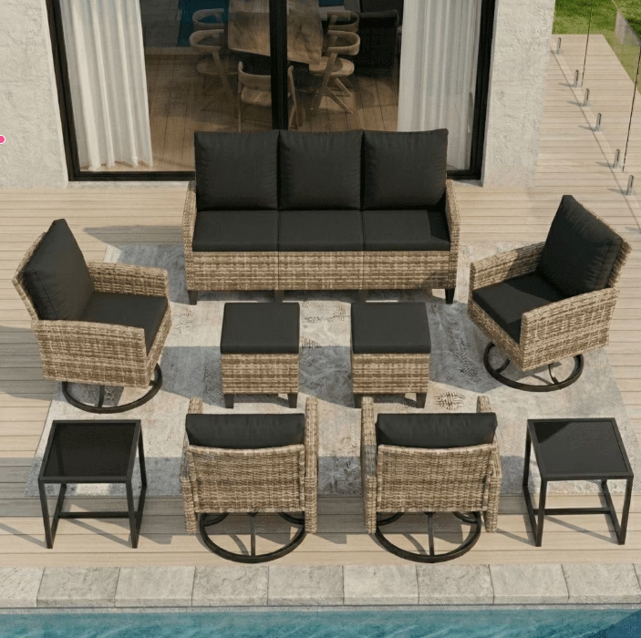 UDPATIO 9 Pieces Outdoor Conversation Set, All-Weather Wicker Rattan Patio Furniture Sofa Set with Ottoman and Swivel Chairs for Poolside, Backyard,Yellow Brown Wicker Black Cushions