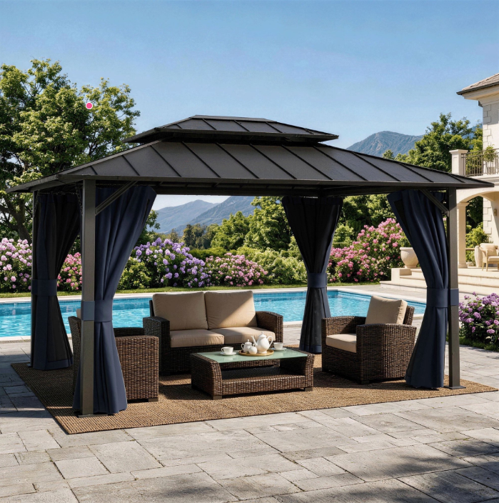 UDPATIO 10'x12' Hardtop Gazebo, Galvanized Steel Double Roof, Permanent Metal Gazebo for Garden, Outdoor Dining Parties,Navy Blue