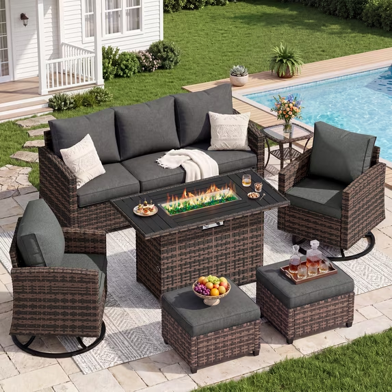 UDPATIO Patio Furniture Set with 44" Fire Pit Table, 6 Pieces Wicker Outdoor Couch with Rocking Swivel Chairs, Ottomans and Thick Cushions for Backyard, Grey