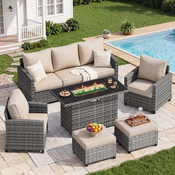 UDPATIO Patio Furniture Set with 44" Fire Pit Table, 5 Pieces Wicker Outdoor Couch with Chairs, Ottomans and Thick Cushions for Backyard, Khaki