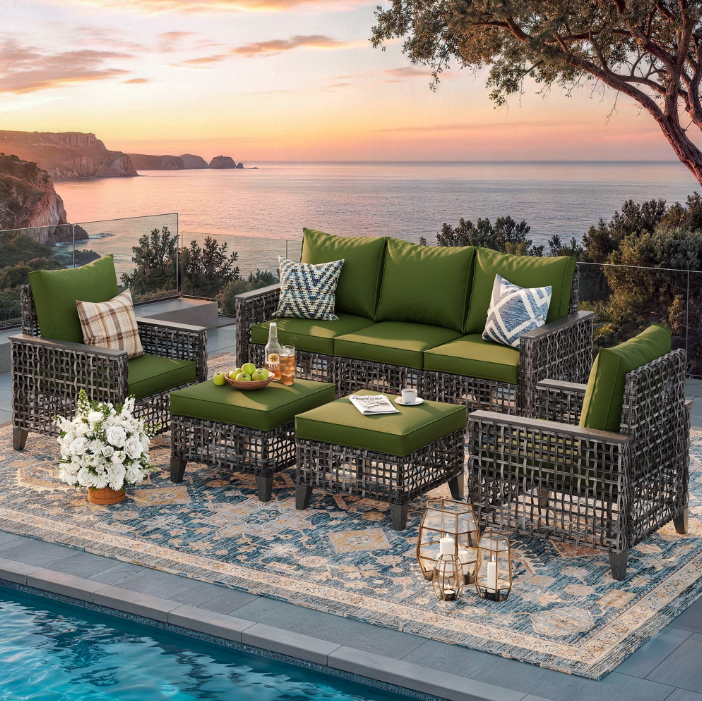 UDPATIO 5-Piece Outdoor Patio Furniture Set, Outdoor Conversation Set,Wicker Rattan Sofa Set with Ottoman, Garden Conversation Seating Set for Backyard,Gray Wicker Furniture with Green Cushions