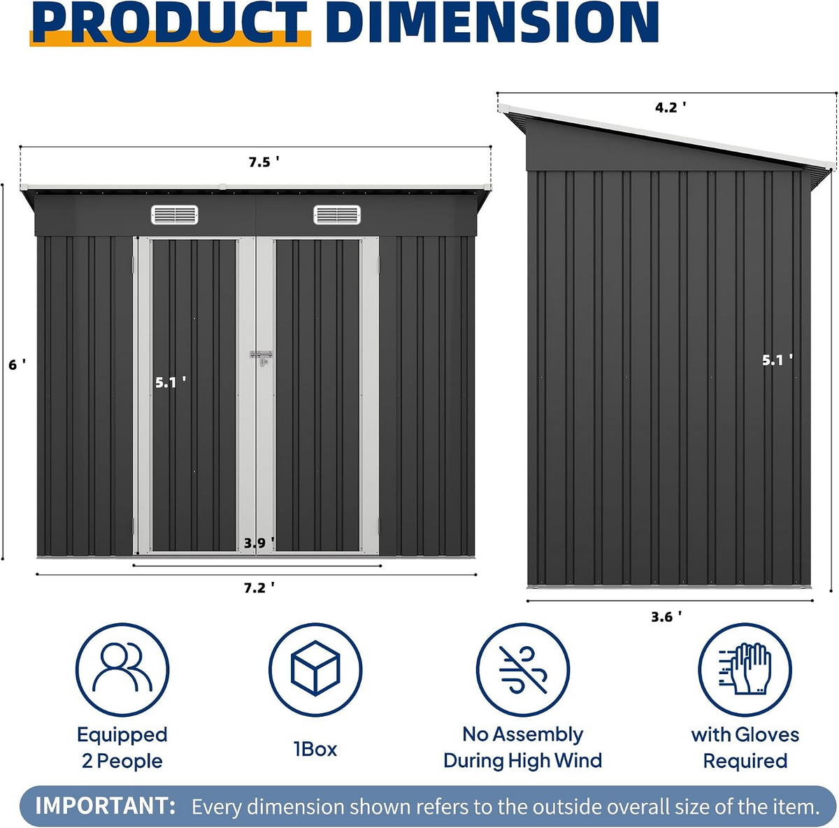 UDPATIO Storage Shed, 8X4 FT Metal Sheds & Outdoor Storage for Garden,Grey