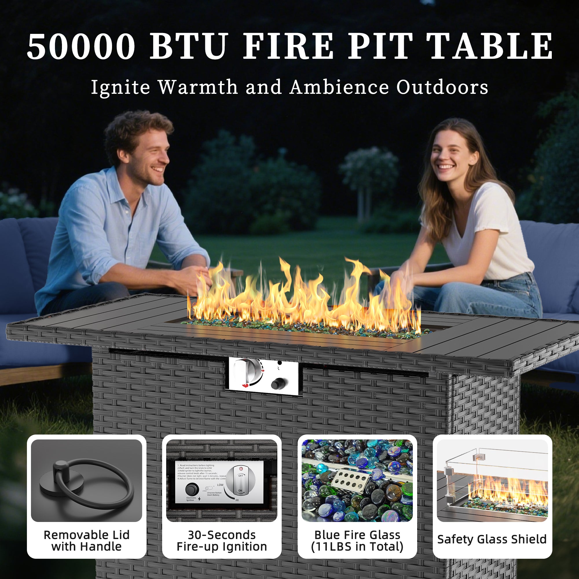 UDPATIO Patio Furniture Set with Fire Pit Table and Swivel Rocking Chairs, 6 Pieces Outdoor Wicker Furniture Set with Waterproof Cover, 4'' Thickened Cushion, Light Grey