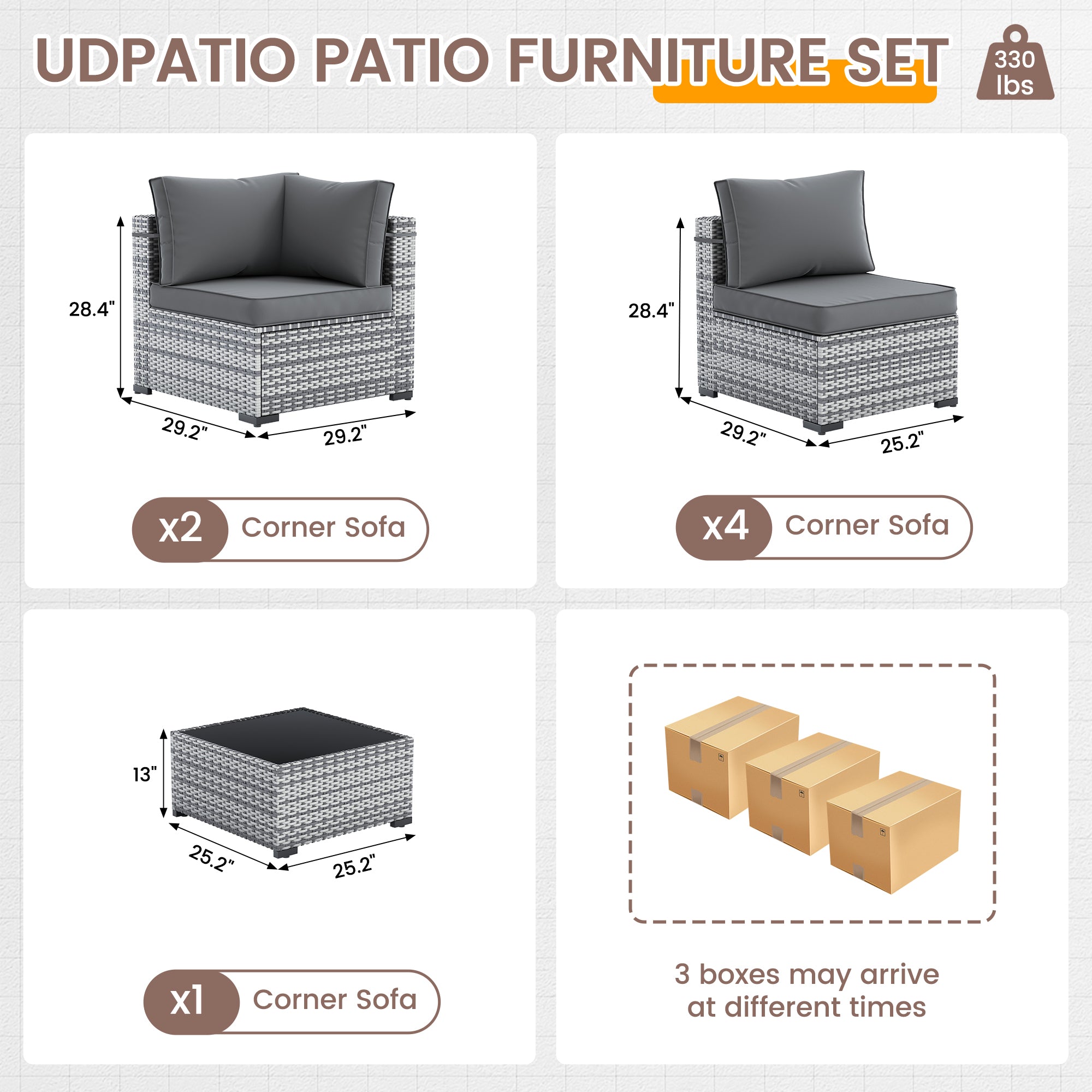 UDPATIO Outdoor Patio Furniture Set, 7-Piece PE Wicker Sectional Sofa with Tea Table, Outdoor Conversation Set for Patio, Garden, Backyard (Grey Cushions with Grey Rattan)