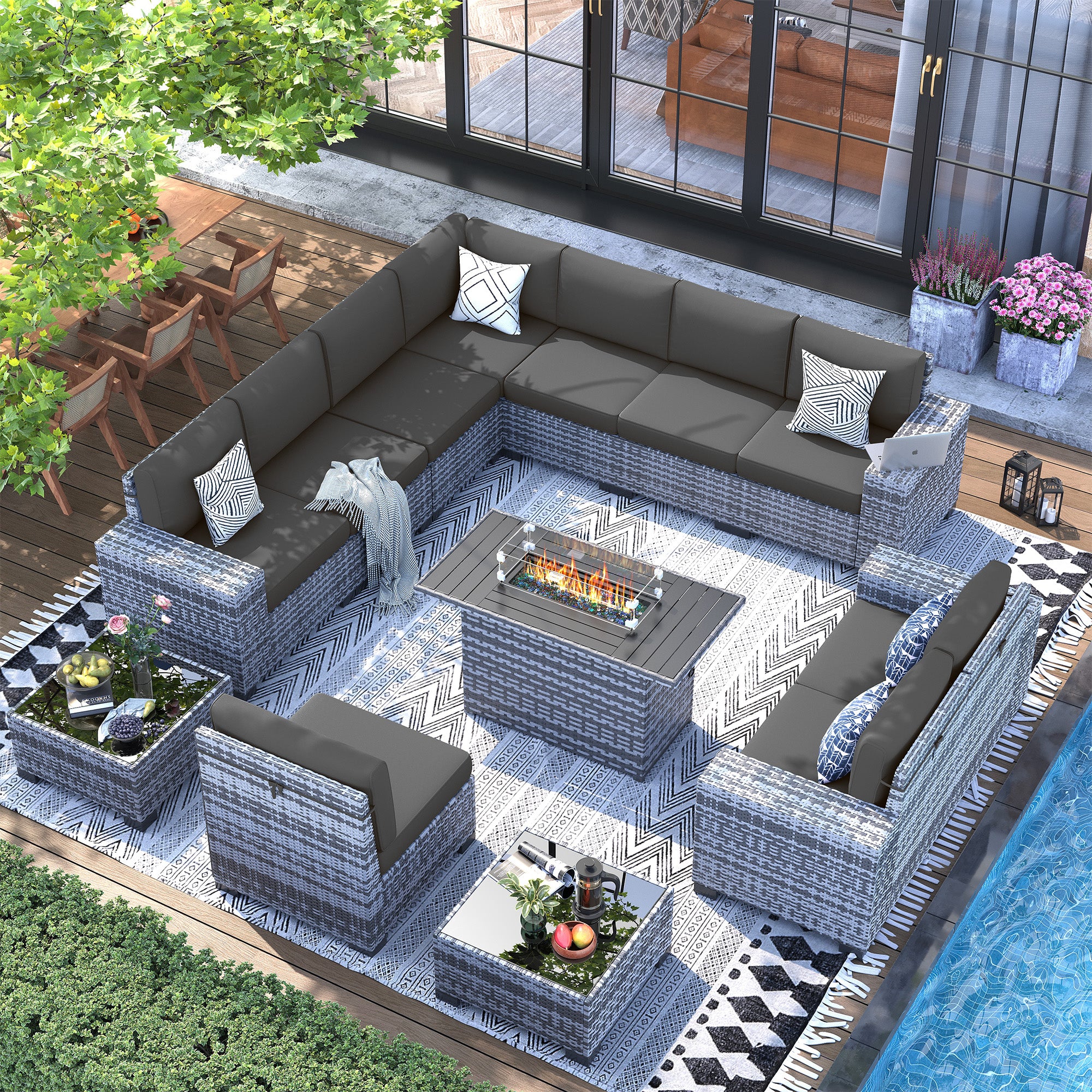 UDPATIO 13 Piece Patio Furniture Set with Fire Pit Table, 8''Wide Armrest Modular Rattan Outdoor Sectional Sofa Set,Wicker Patio Conversation Sets for Backyard,Deck w/ 4'' Cushions,Cover