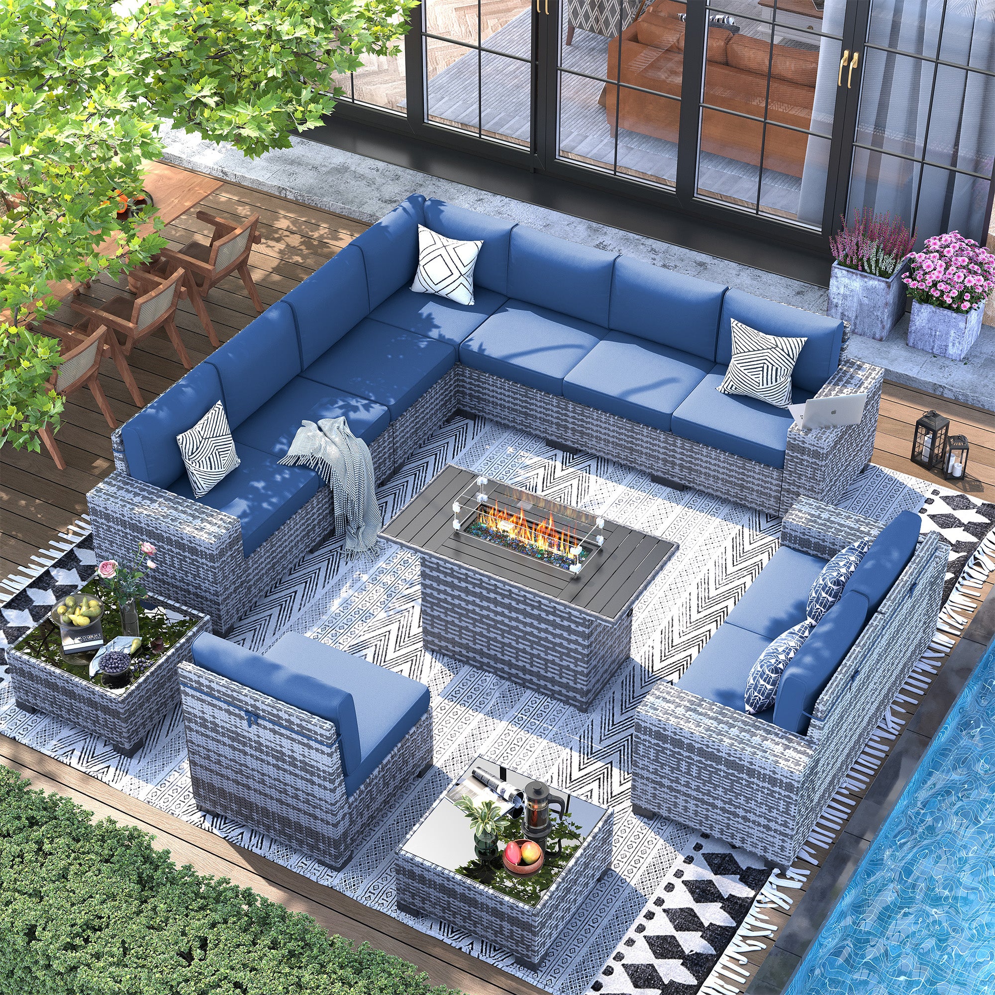 UDPATIO 13 Piece Patio Furniture Set with Fire Pit Table, 8''Wide Armrest Modular Rattan Outdoor Sectional Sofa Set,Wicker Patio Conversation Sets for Backyard,Deck w/ 4'' Cushions,Cover