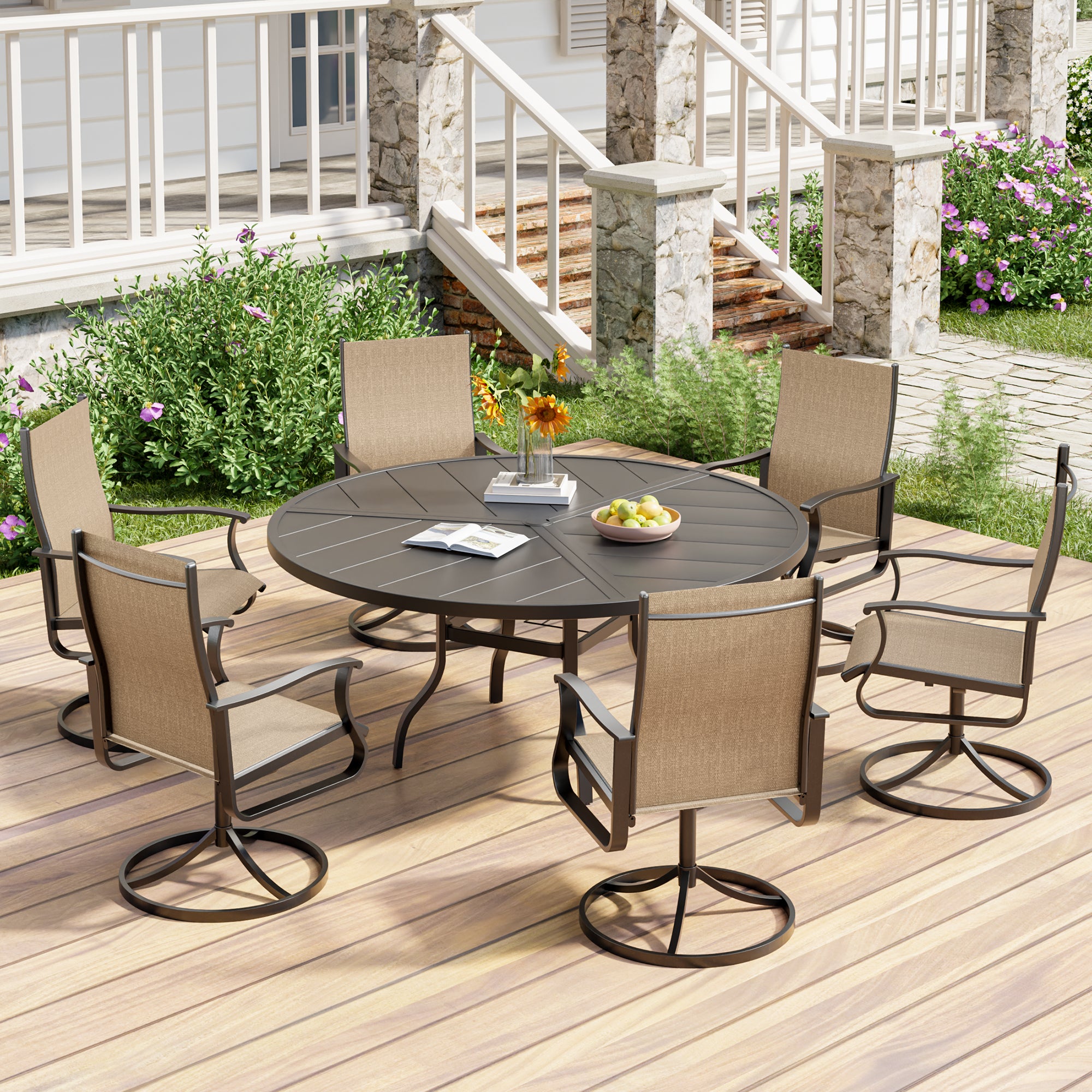 UDPATIO 7 Piece Outdoor Patio Dining Set with 51" Round Table & 6 Outdoor Swivel Rocker Dining Chairs with All Weather Textilene High Back & Metal Frame, Outdoor Table and Chair Set for Lawn, Backyard