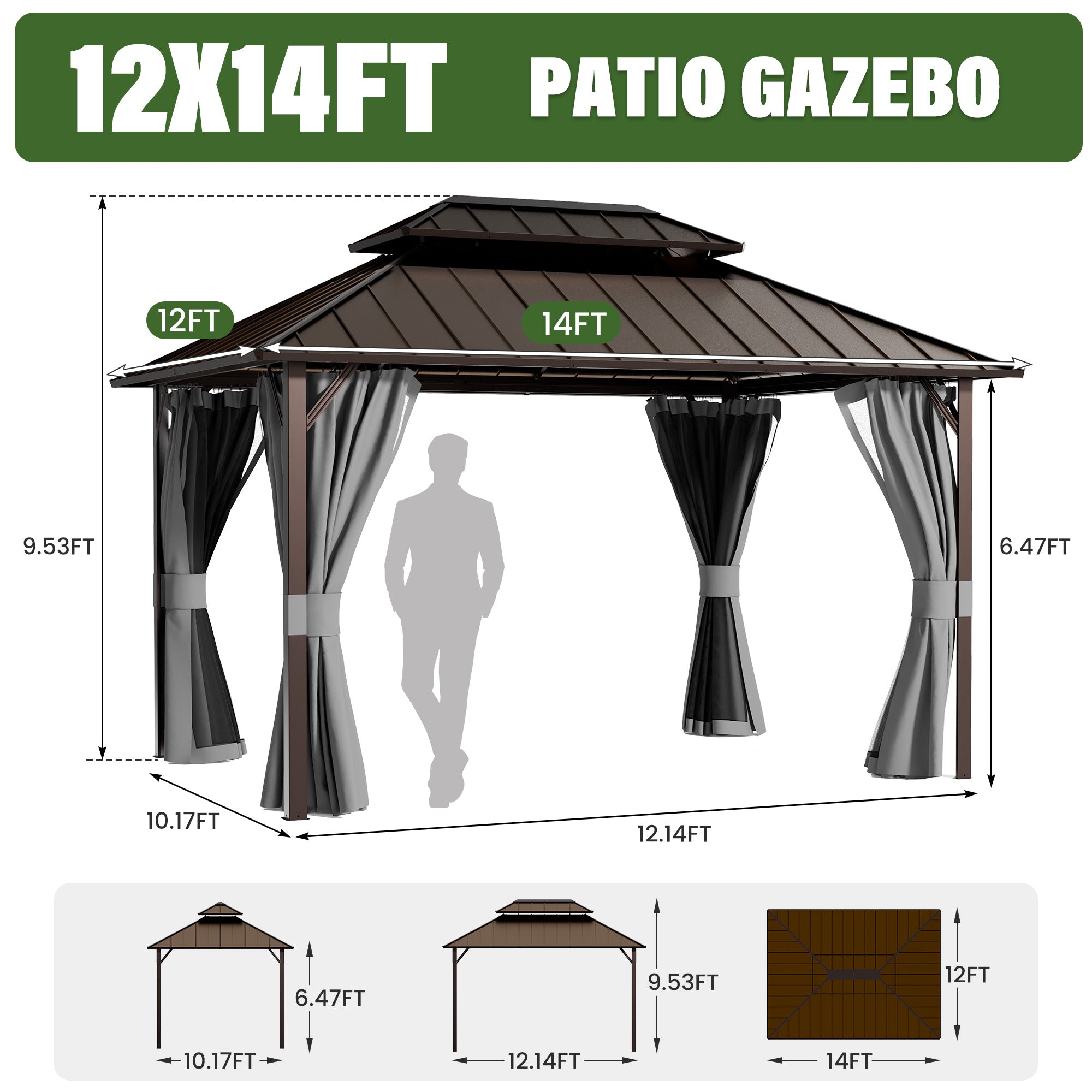 UDPATIO 12x14 Hardtop Gazebo, Aluminum Frame with Double Galvanized Steel Roof, Hard Top Patio Outdoor Metal Gazebos, Permanent Gazebo with Mosquito Netting and Curtain for Backyard, Deck, Porch, Gray
