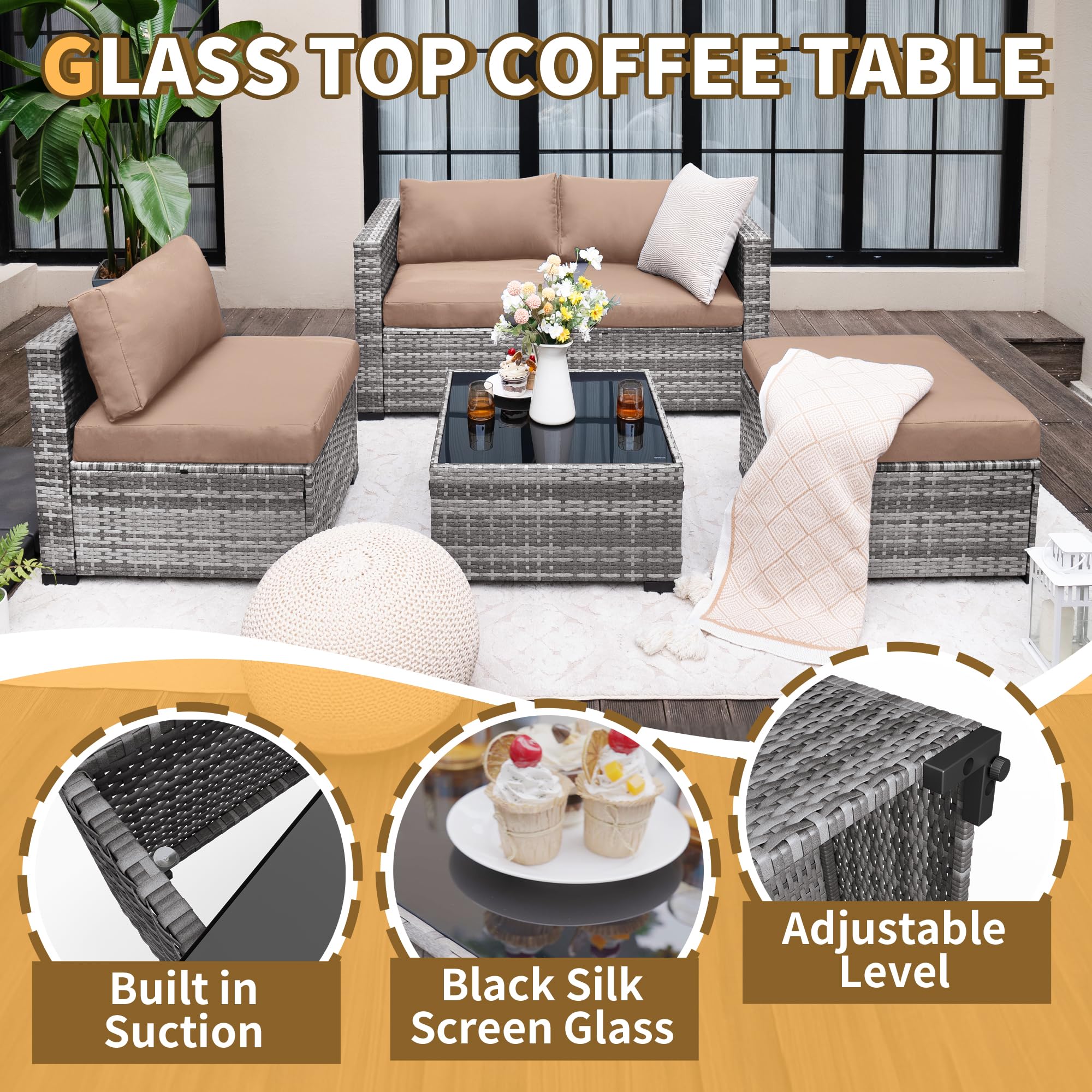 UDPATIO 5 Piece Patio Furniture Set, All-Weather Wicker Outdoor Sectional Sofa, L Shaped Outdoor Conversation Couch with Ottoman, Glass Table for Balcony Porch Backyard, Khaki