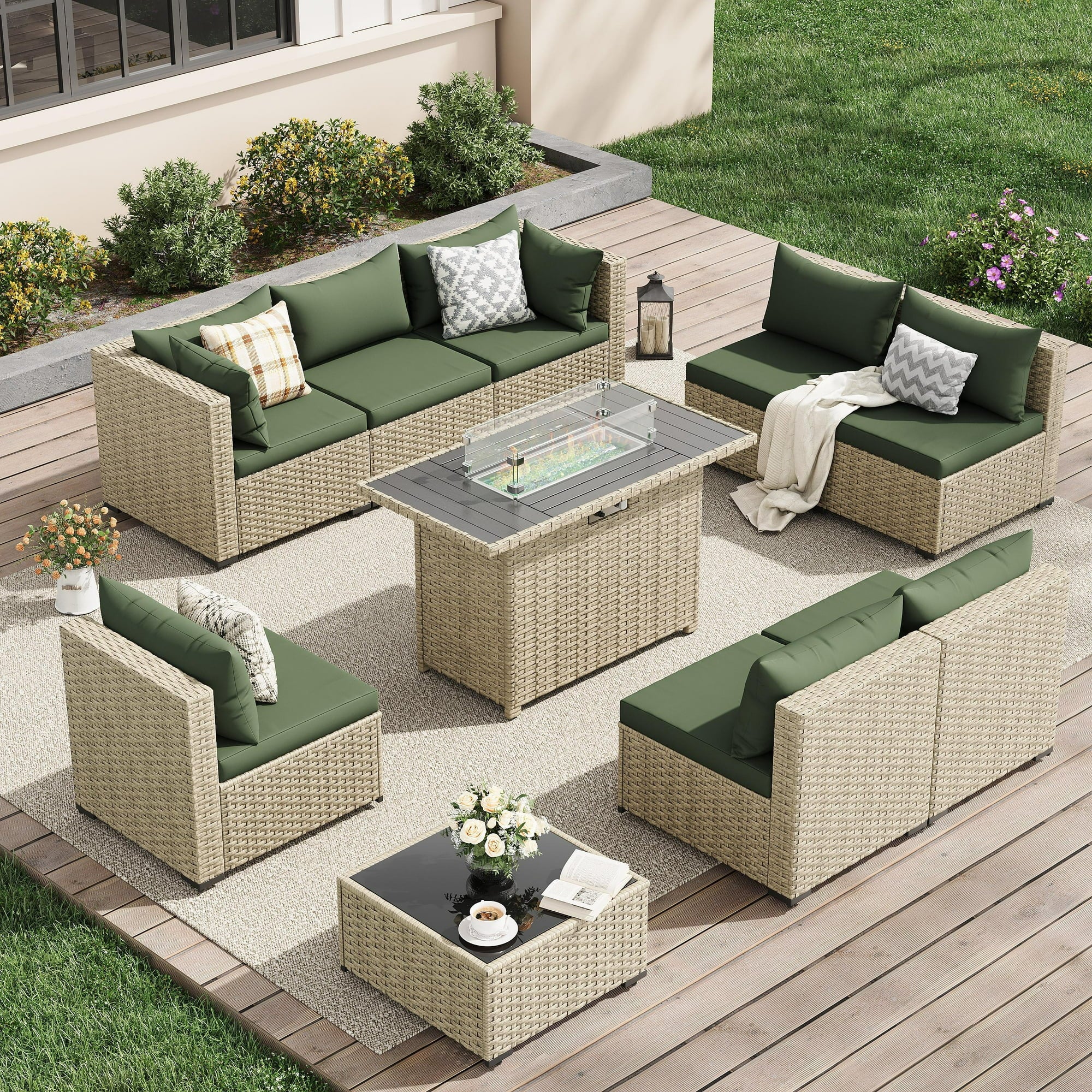 UDPATIO 9 Pieces Outdoor Patio Furniture Set with 44" Fire Pit Table, Outdoor Wicker Patio Conversation Set with Cushions for Backyard, Porch, Garden(Green)