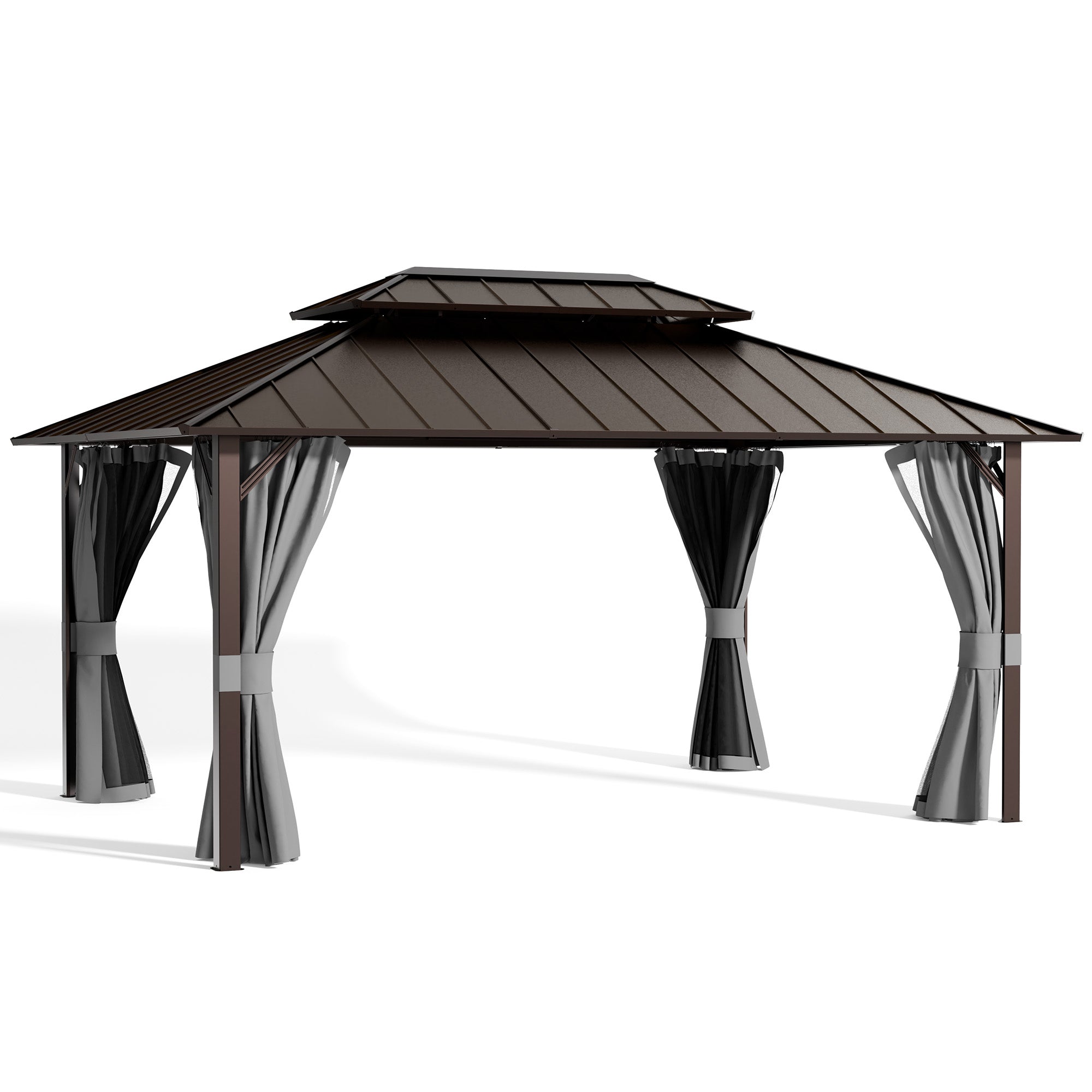 UDPATIO 12x16 Hardtop Gazebo, Aluminum Frame with Double Galvanized Steel Roof, Hard Top Patio Outdoor Metal Gazebos, Permanent Gazebo with Mosquito Netting and Curtain for Backyard, Deck, Porch, Gray