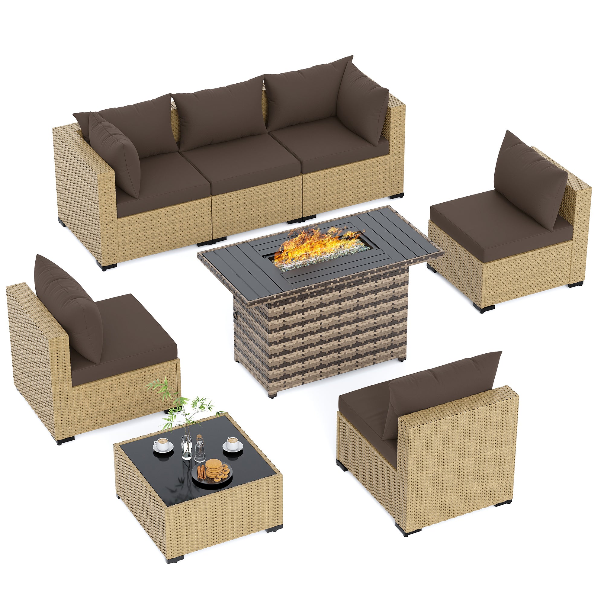 UDPATIO Furniture Set with Fire Pit Table, 8 Piece Sectional Sofas, All-Weather Wicker Conversation for Garden, Backyard, Brown