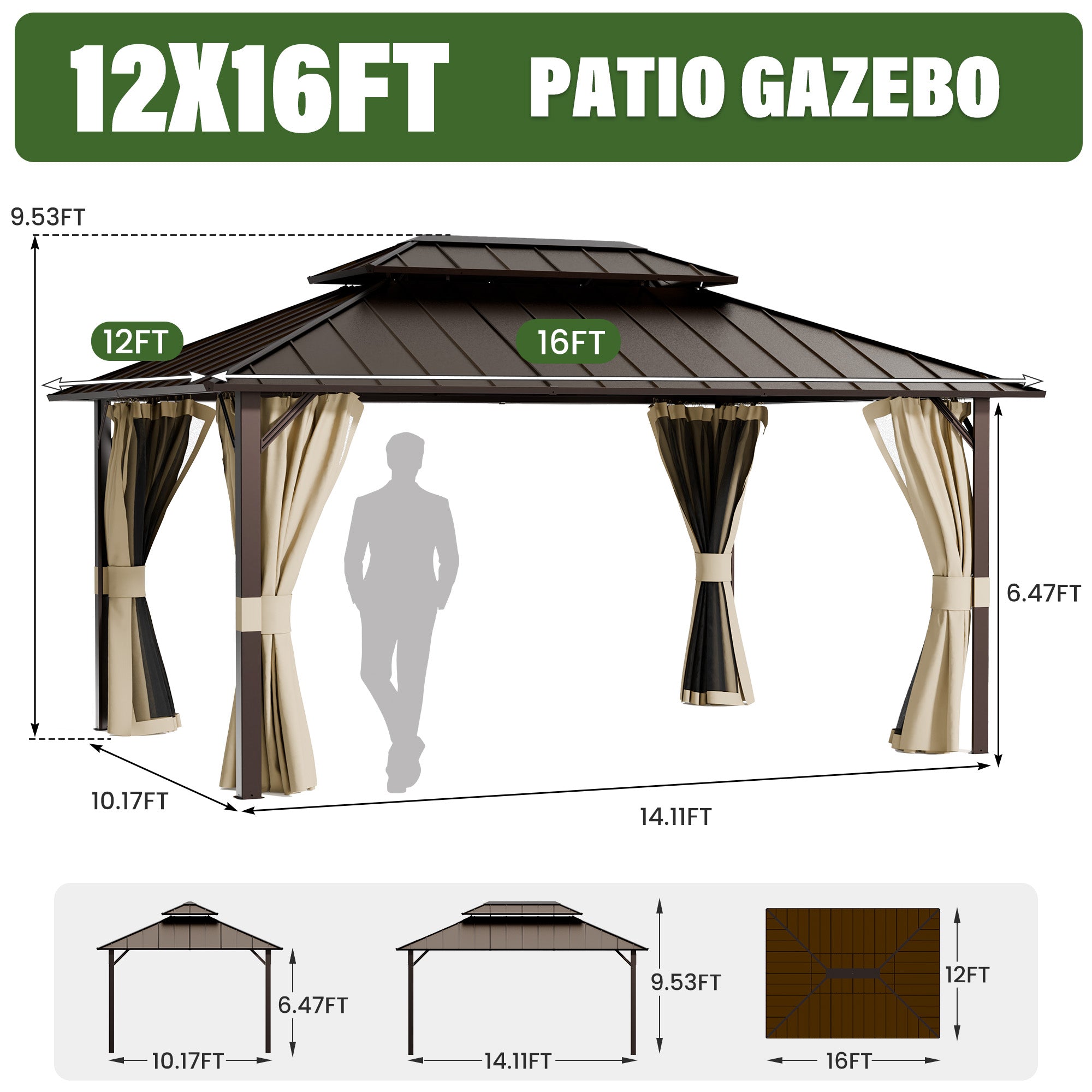 UDPATIO 12x16 Hardtop Gazebo, Aluminum Frame with Double Galvanized Steel Roof, Hard Top Patio Outdoor Metal Gazebos, Permanent Gazebo with Mosquito Netting and Curtain for Backyard, Deck, Beige
