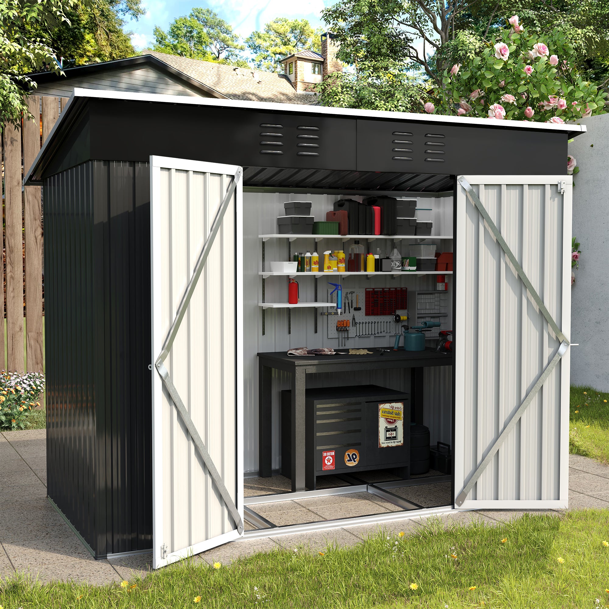 UDPATIO Storage Shed with Floor, 8X4 FT Metal Sheds & Outdoor Storage with Sloping Roof & Lockable Door for Bicycle, Tool in Patio Lawn, Garden, Backyard, Grey