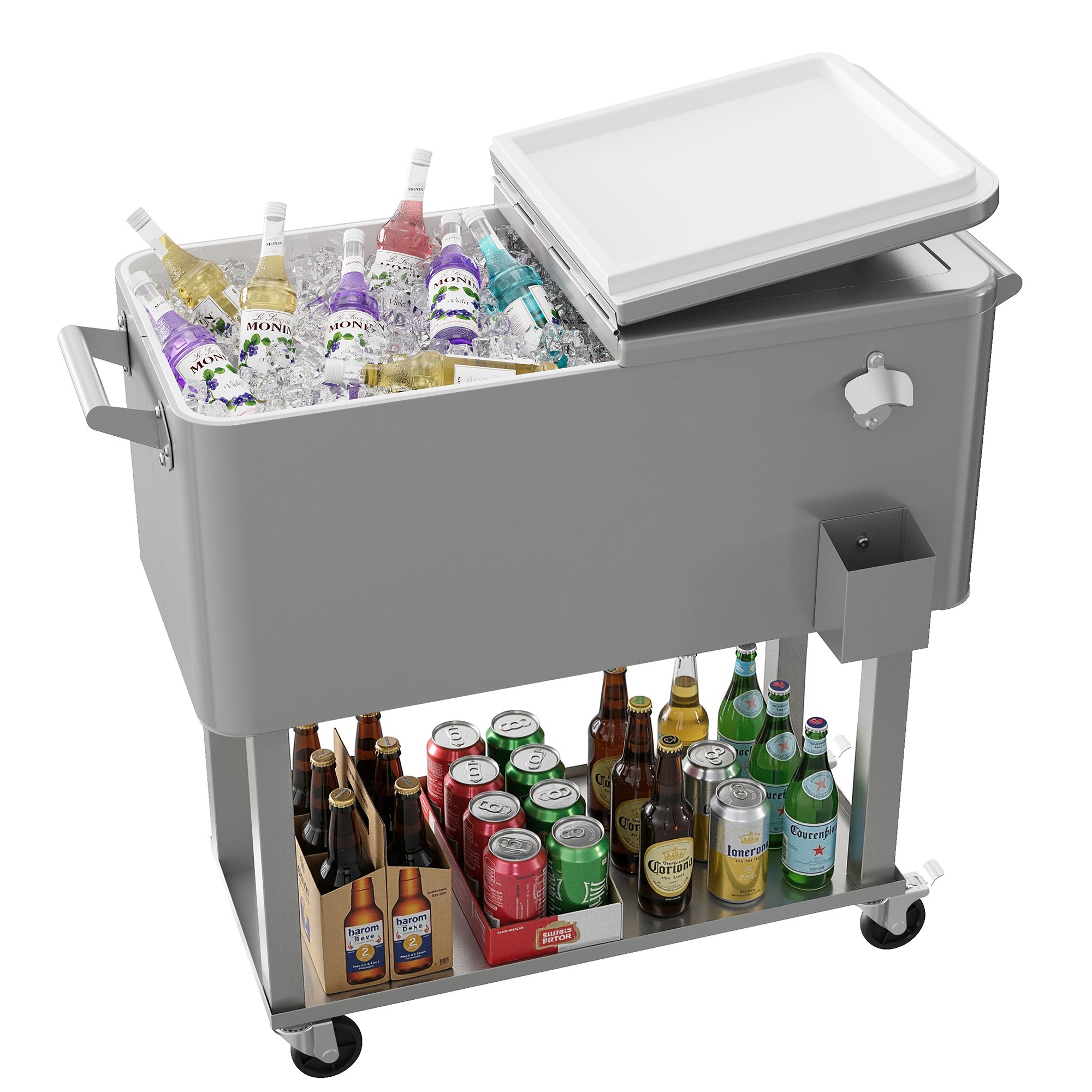 Patio Cooler Cart 80 Quart Outdoor Rolling Ice Chest Portable Beverage Bar with Bottom Storage Tray and Bottle Opener for Party BBQ Beach Activities