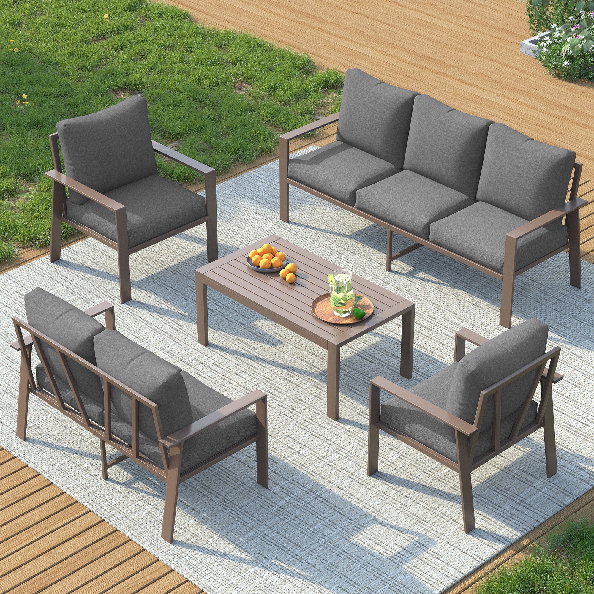 UDPATIO 5 Pieces Aluminum Patio Furniture Set, 7-Seat Metal Outdoor Furniture Set with 4" Water-Resistant Cushion & Coffee Table, Patio Conversation Sets for Porch, Deck, Garden