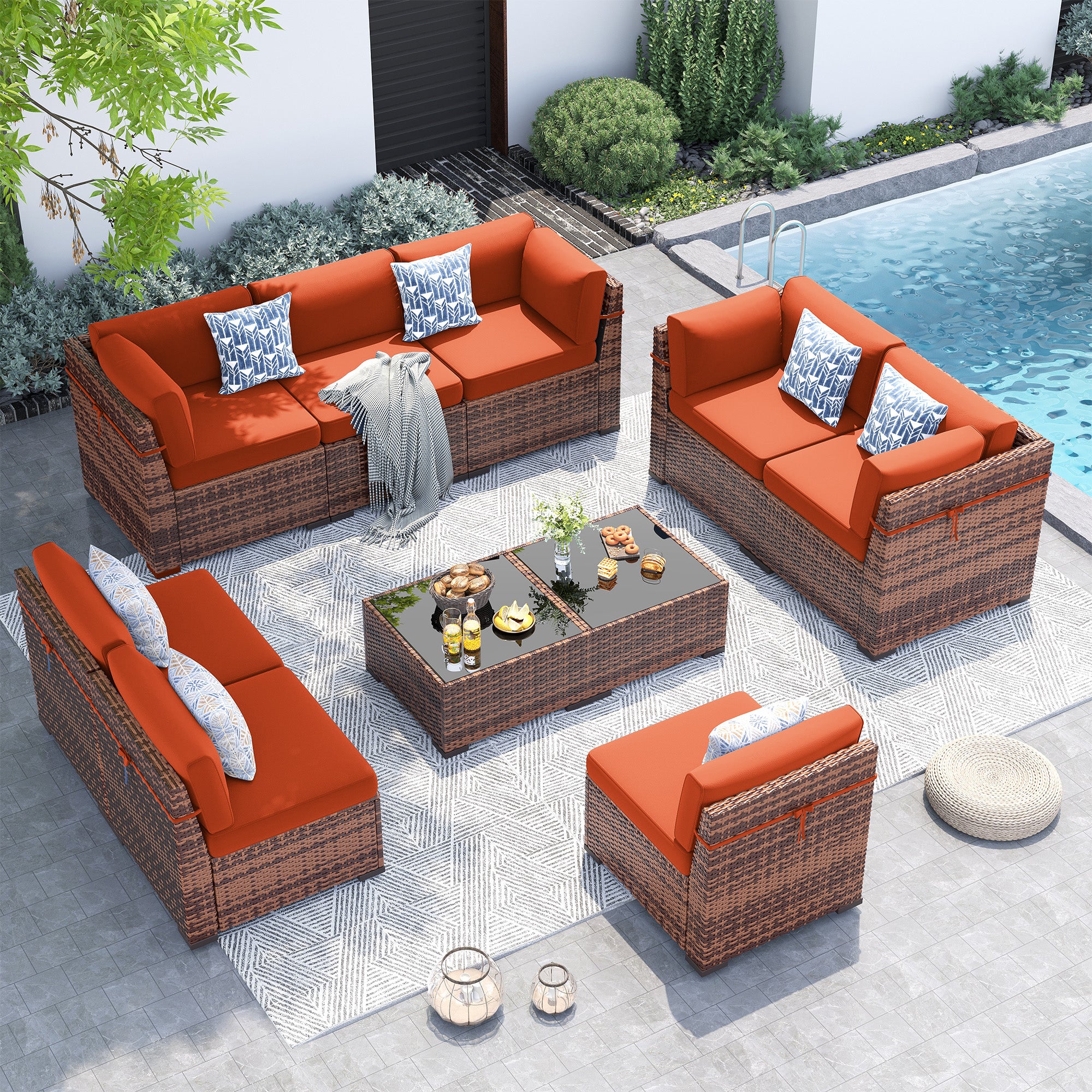 UDPATIO Patio Furniture Set,Modular Outdoor Rattan Sectional Set With  Slanted Back, Patio Conversation Set Heavy Duty Wicker Sofa for Backyard,  Deck