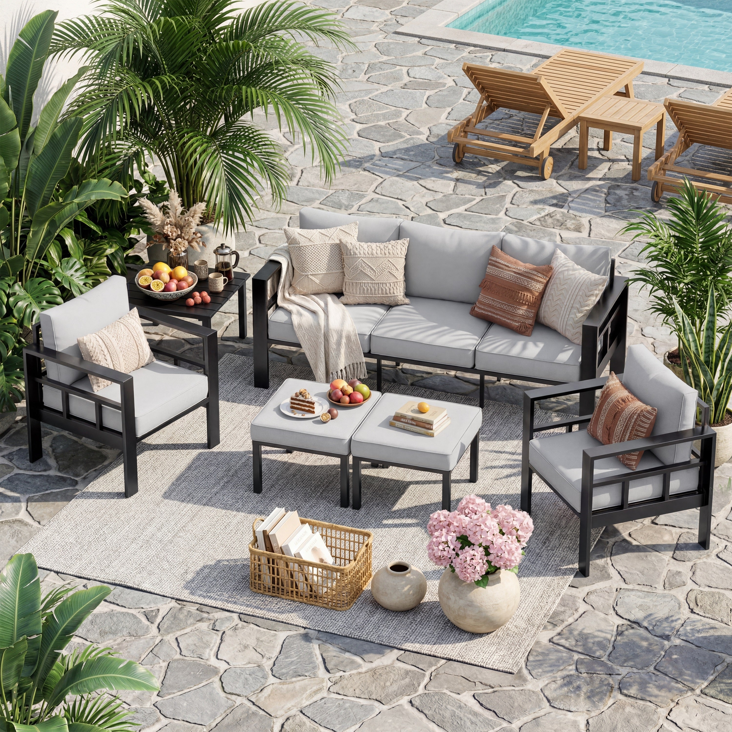 UDPATIO Aluminum Outdoor Furniture Set with 2 Ottomans, 6 Pieces All-Weather & UV-Resistant Patio Sectional Sofa Set for Deck, Backyard, Poolside, Light Gray