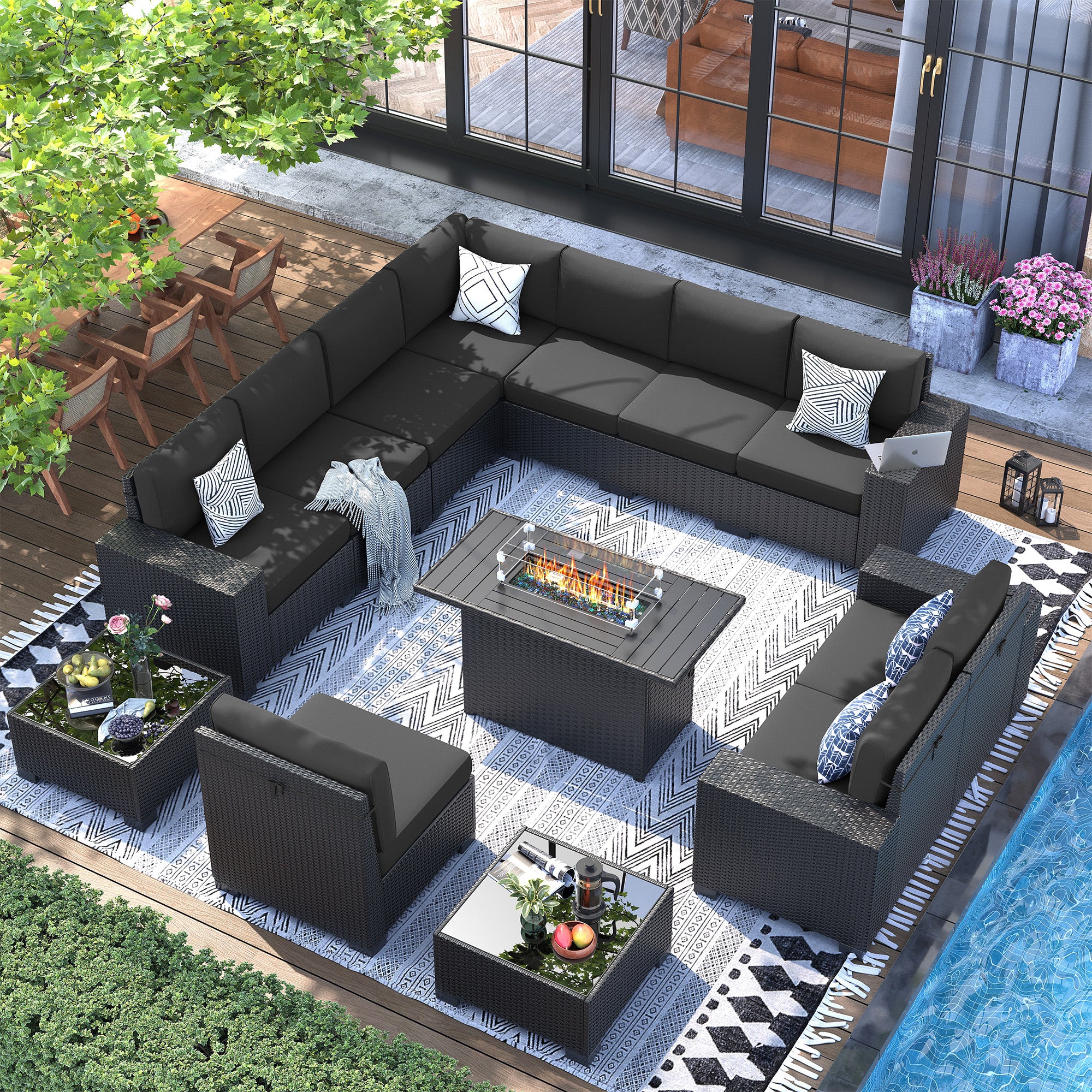 UDPATIO 13 Piece Patio Furniture Set with Fire Pit Table, 8''Wide Armrest Modular Rattan Outdoor Sectional Sofa Set,Wicker Patio Conversation Sets for Backyard,Deck w/ 4'' Cushions,Cover