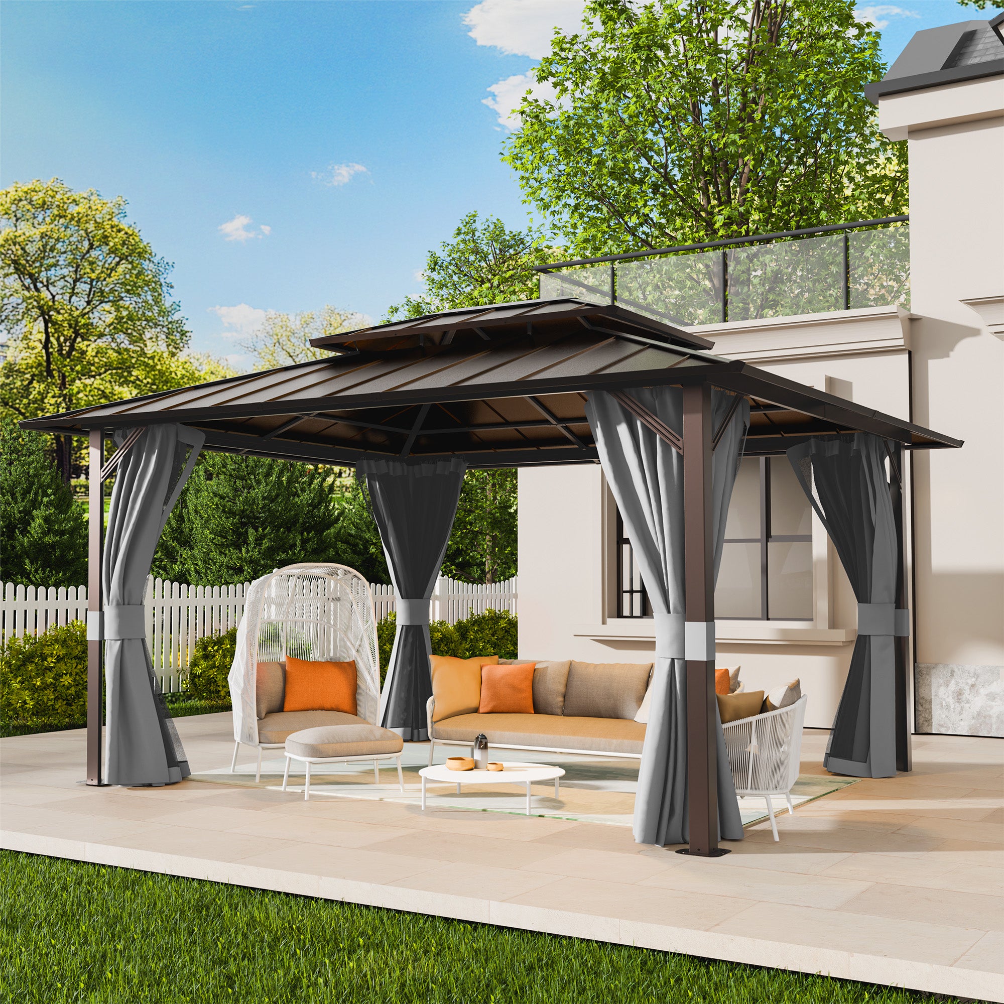 UDPATIO 10x12 Hardtop Gazebo, Aluminum Frame with Double Galvanized Steel Roof, Hard Top Patio Outdoor Metal Gazebos, Permanent Gazebo with Mosquito Netting and Curtain for Backyard, Deck, Porch, Gray