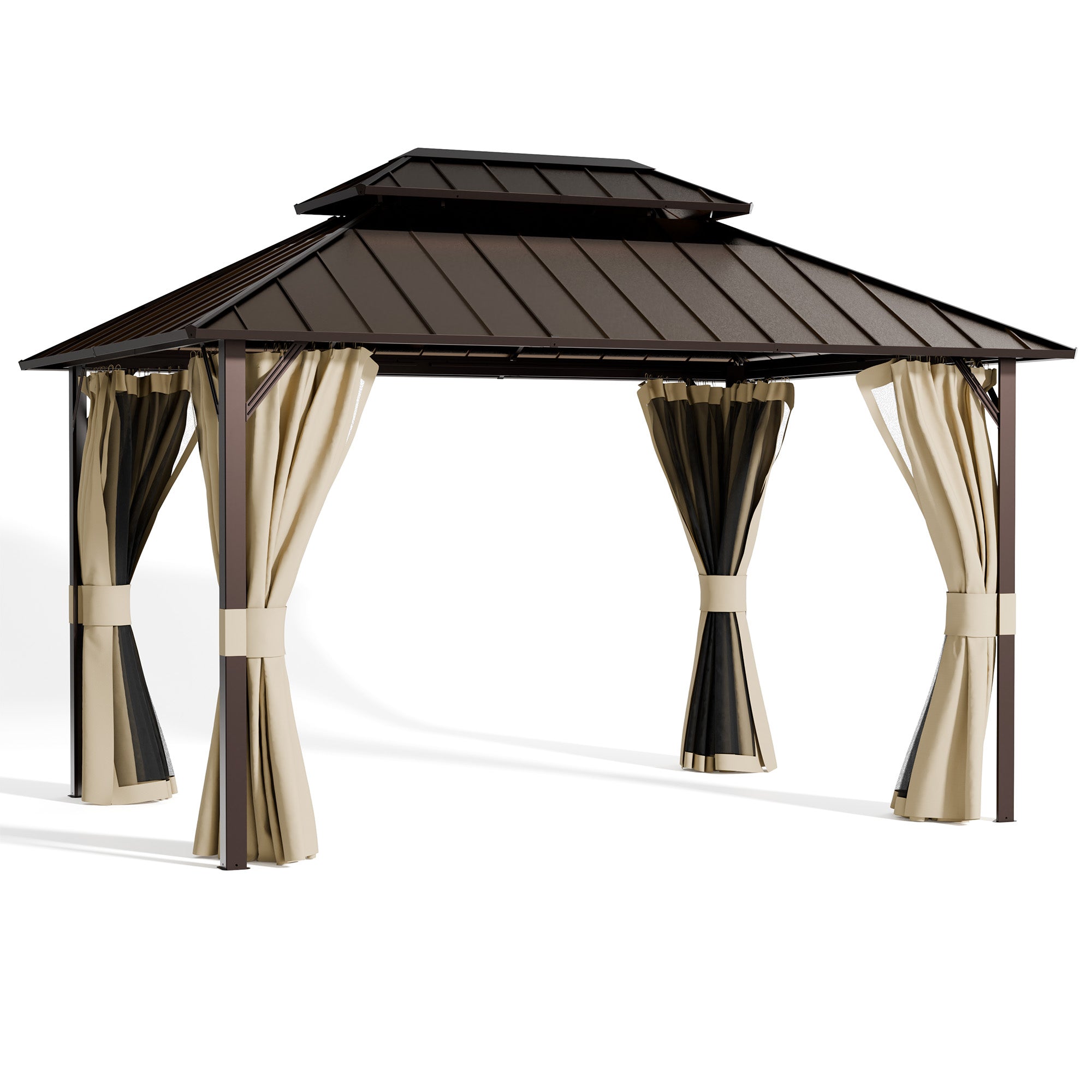 UDPATIO 12x14 Hardtop Gazebo, Aluminum Frame with Double Galvanized Steel Roof, Hard Top Patio Outdoor Metal Gazebos, Permanent Gazebo with Mosquito Netting and Curtain for Backyard, Deck, Beige