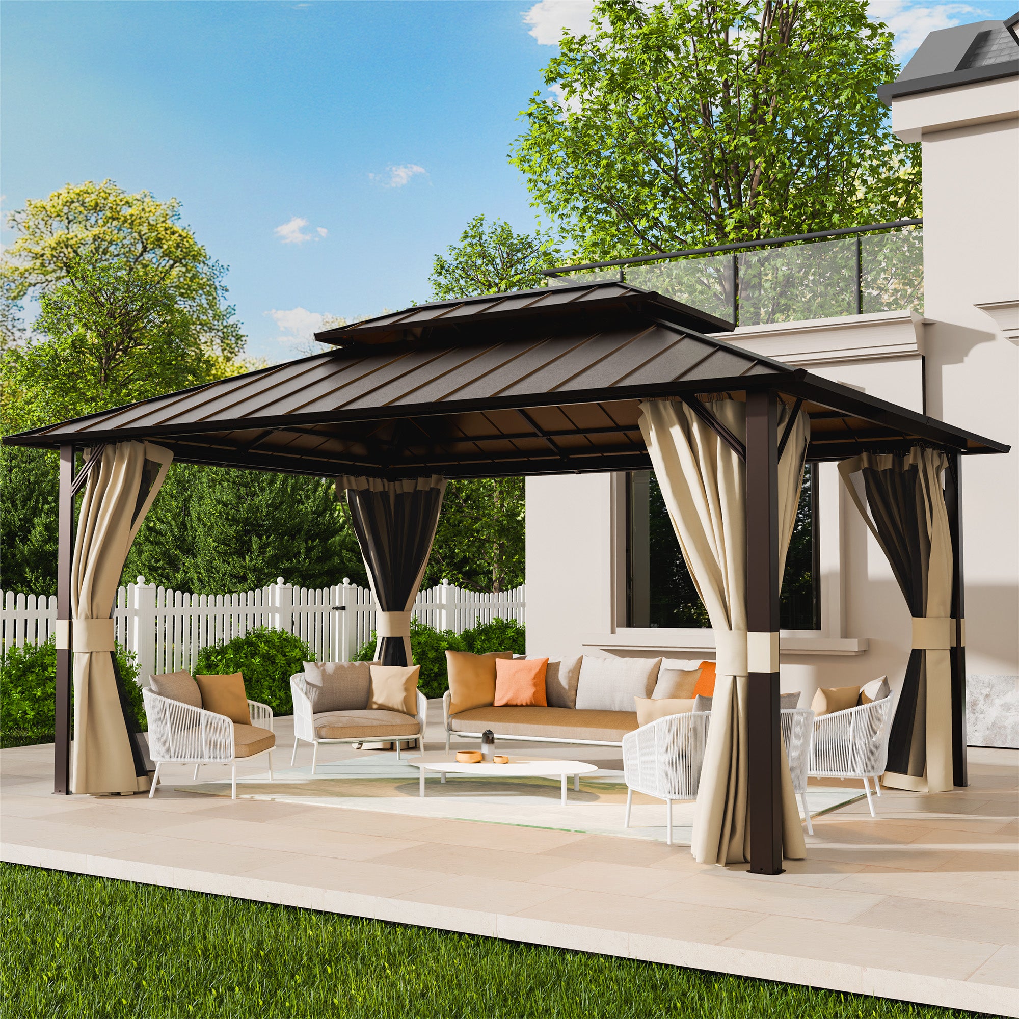 UDPATIO 12x16 Hardtop Gazebo, Aluminum Frame with Double Galvanized Steel Roof, Hard Top Patio Outdoor Metal Gazebos, Permanent Gazebo with Mosquito Netting and Curtain for Backyard, Deck, Beige