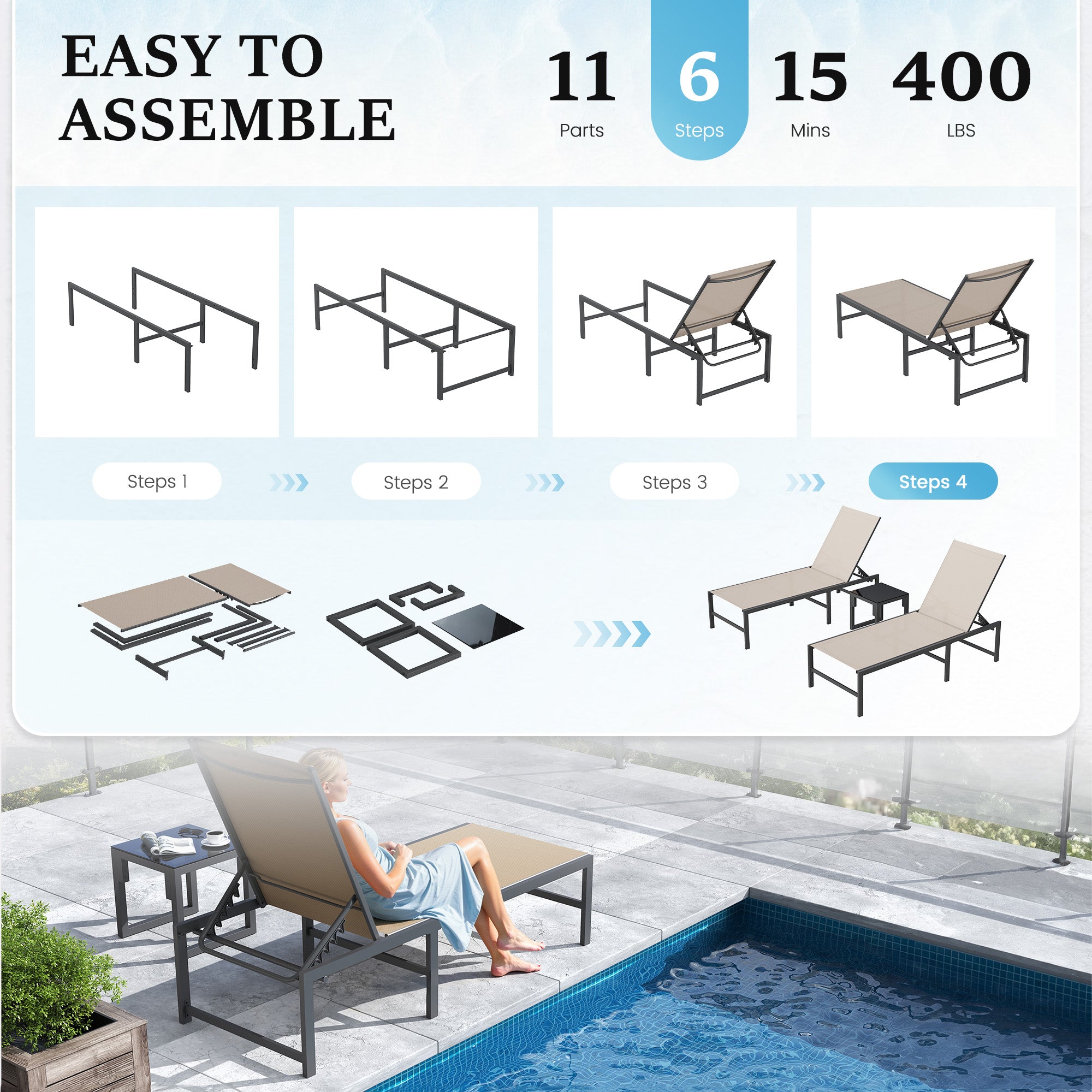 Patio Lounge Chair Pool Chaise Chairs for Outside, Adjustable Lounger for Poolside Lawn Deck Lay Flat Sunbathing Backrest for Patio, Beach, Yard(Brown)