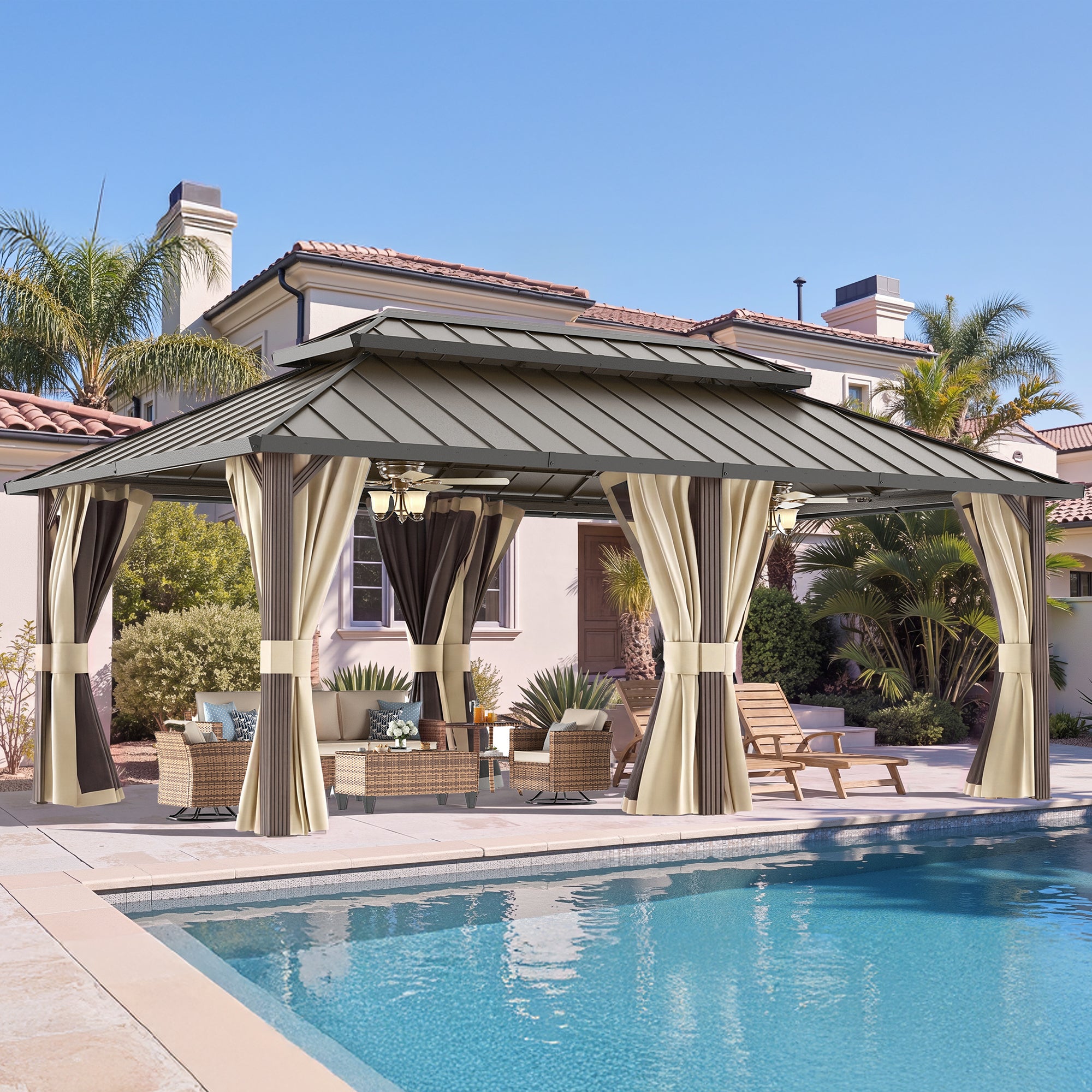 DPATIO 12'x20' Hardtop Aluminum Outdoor Gazebo with Double Roof, Beige