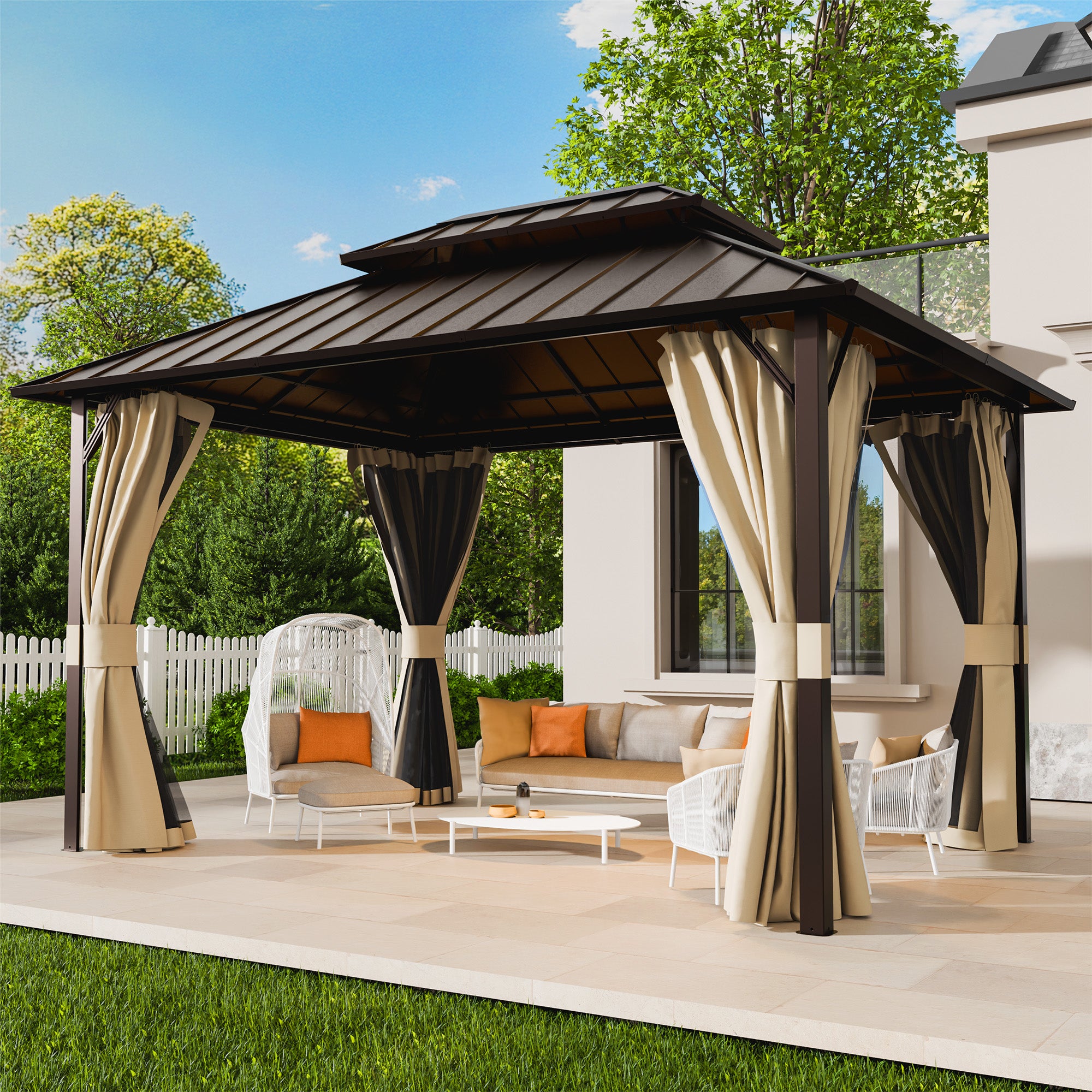 UDPATIO 12x14 Hardtop Gazebo, Aluminum Frame with Double Galvanized Steel Roof, Hard Top Patio Outdoor Metal Gazebos, Permanent Gazebo with Mosquito Netting and Curtain for Backyard, Deck, Beige