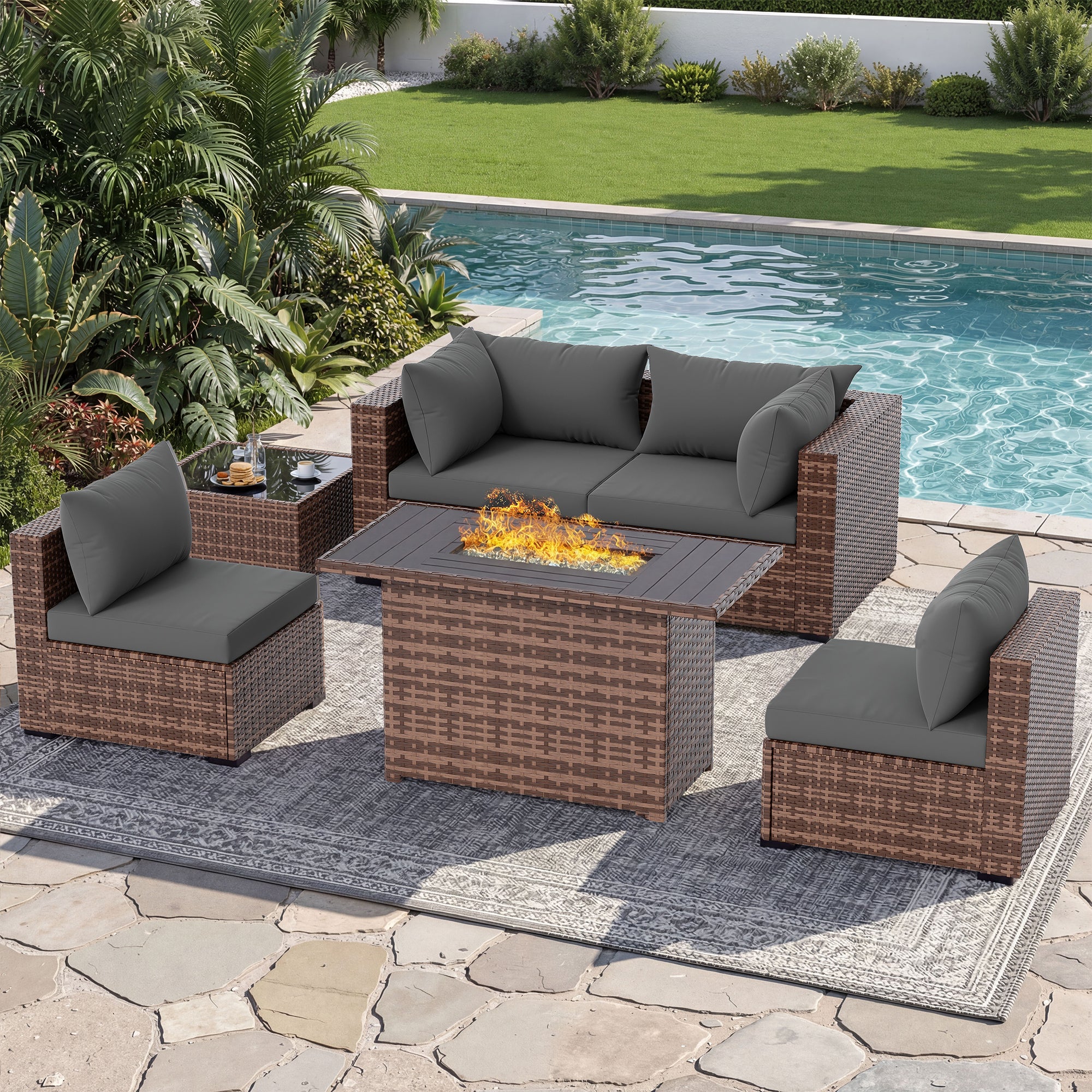 UDPATIO Patio Furniture Set with Fire Pit Table, 5 Piece Outdoor Sectional Sofas, All-Weather Wicker Conversation for Garden, Backyard, Navy Blue