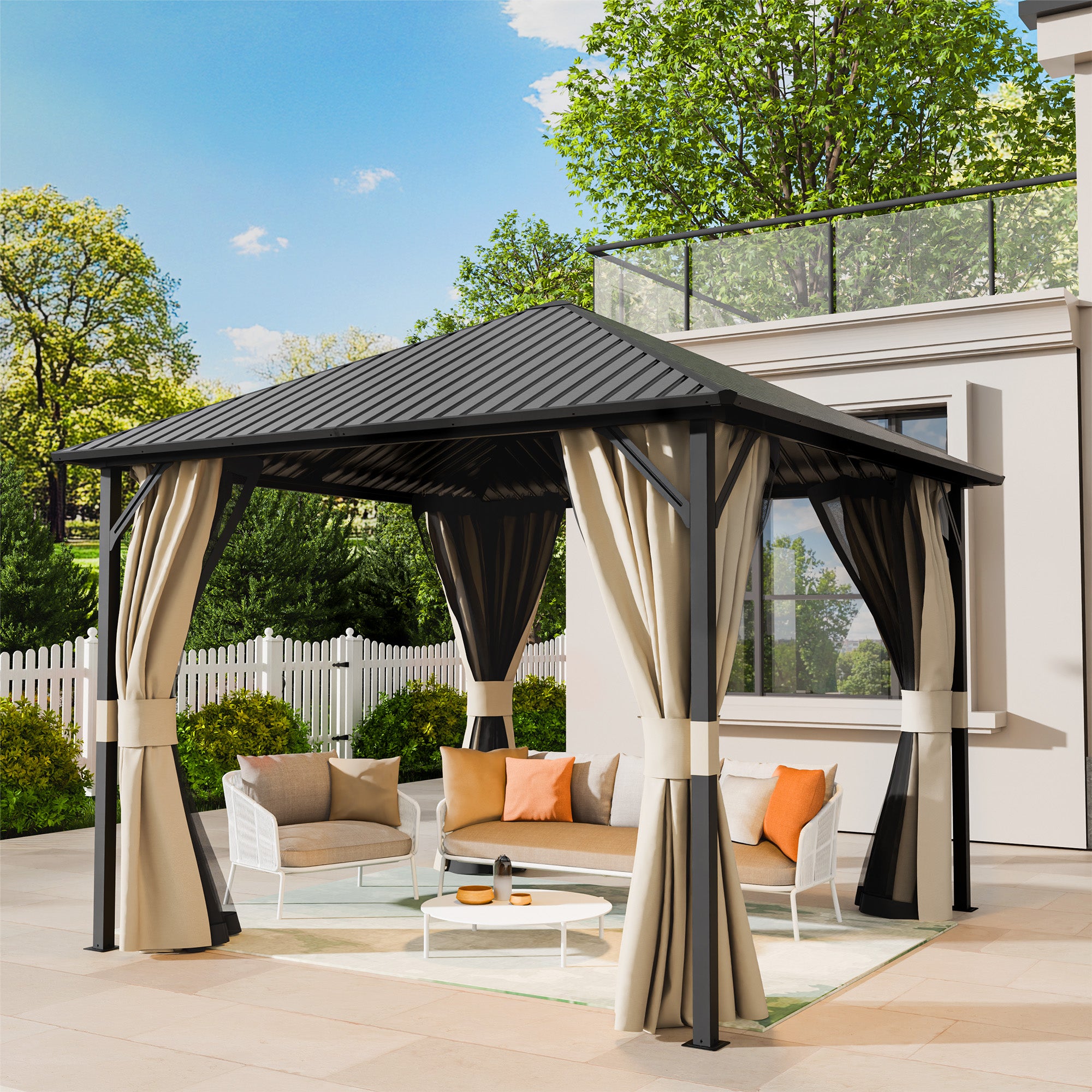 UDPATIO 10x10 Hardtop Gazebo, Metal Gazebo with Galvanized Steel Roof, Hard Top Patio Gazebos, Outdoor Permanent Gazebo with Mosquito Netting and Curtain for Backyard, Deck, Porch, Lawns, Beige