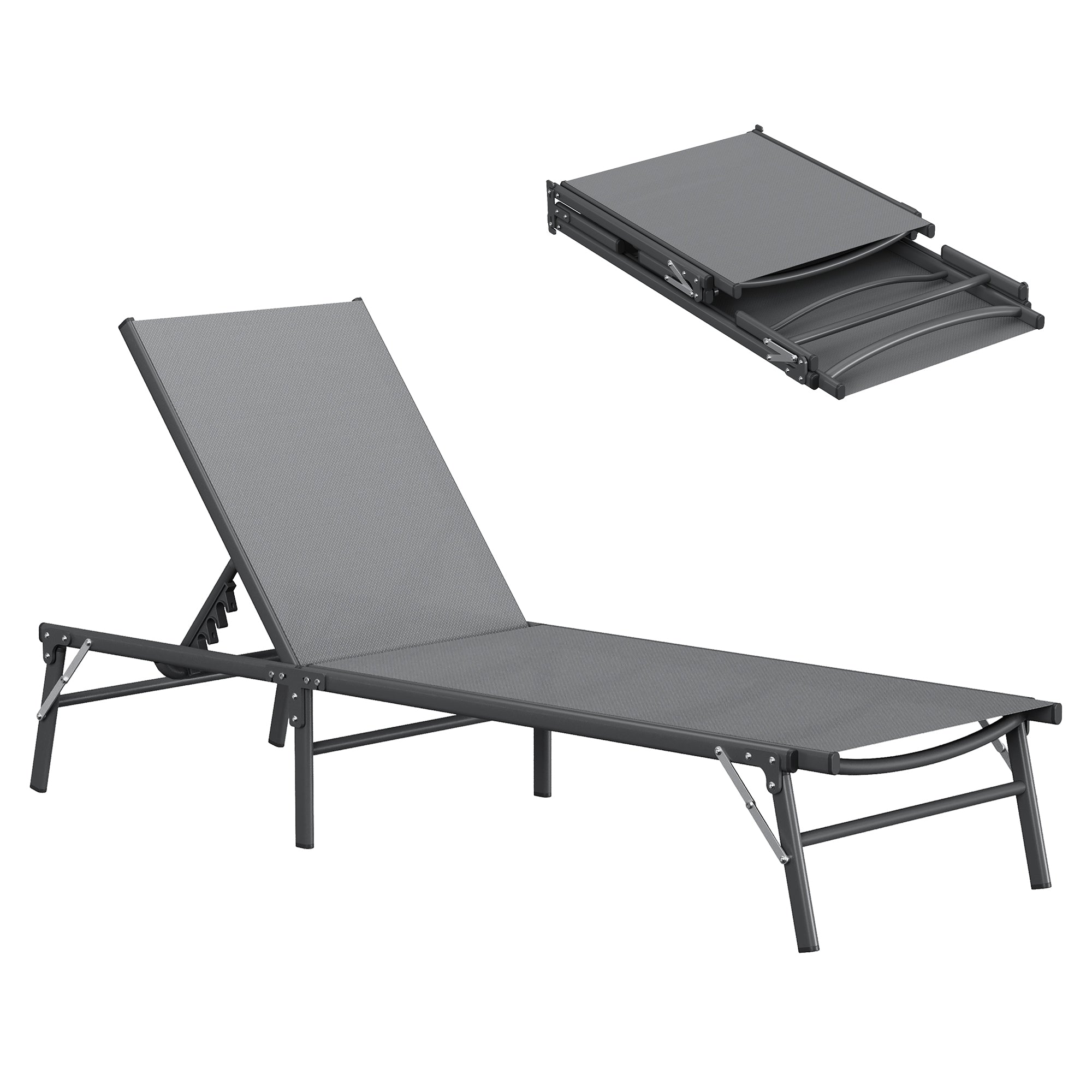 Outdoor Foldable Lounge Chair Pool Chaise Chairs for Outside, Adjustable Lounger for Poolside Lawn Deck Lay Flat Sunbathing Backrest for Patio, Beach, Yard(Grey)