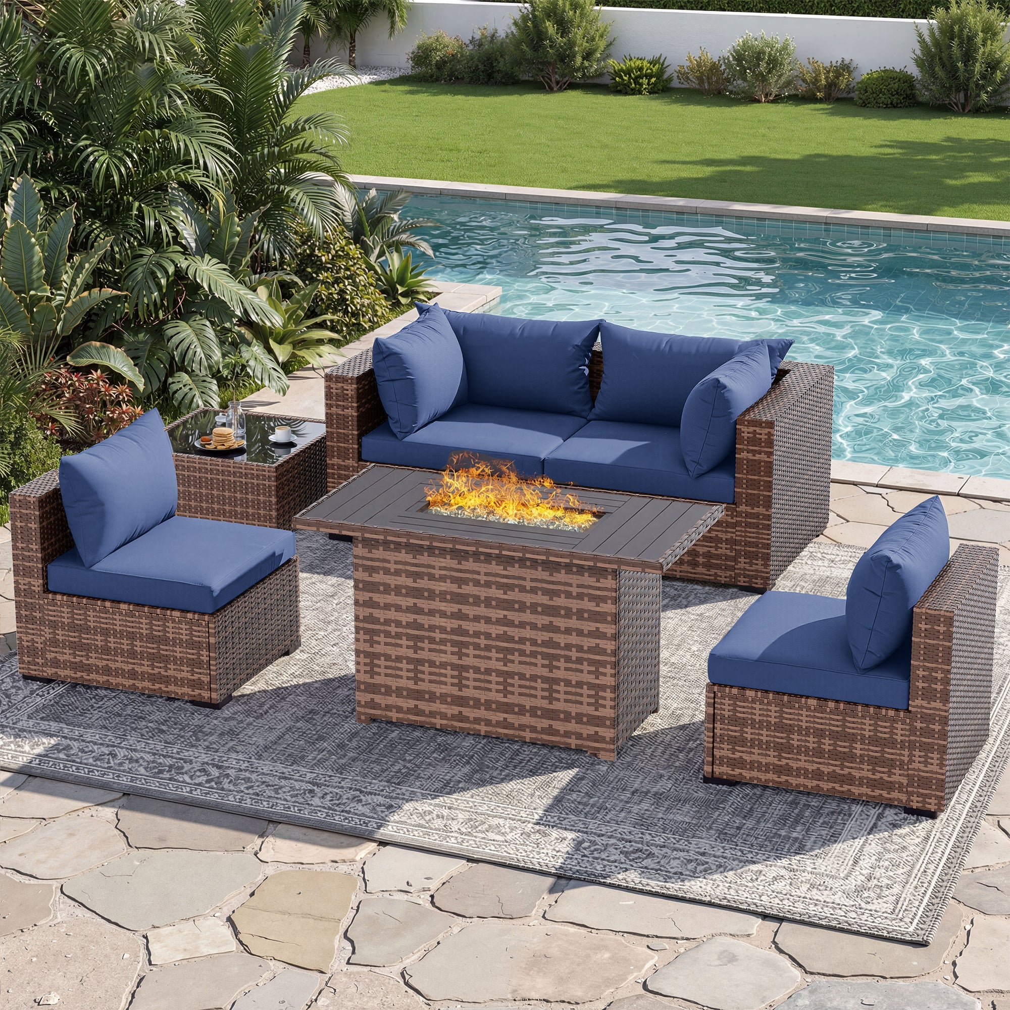UDPATIO Patio Furniture Set with Fire Pit Table, 5 Piece Outdoor Sectional Sofas, All-Weather Wicker Conversation for Garden, Backyard, Grey