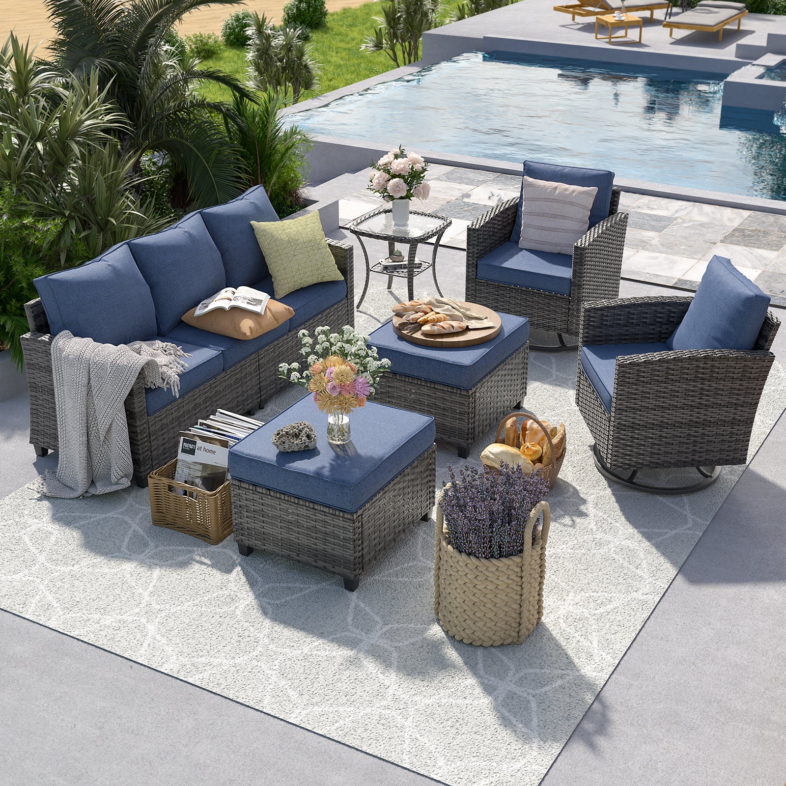 UDPATIO Patio Furniture Set, Pieces Outdoor Sectional Couch, Gray Wicker Rattan Conversation Sofa with Swivel Rocking Chair, 4
