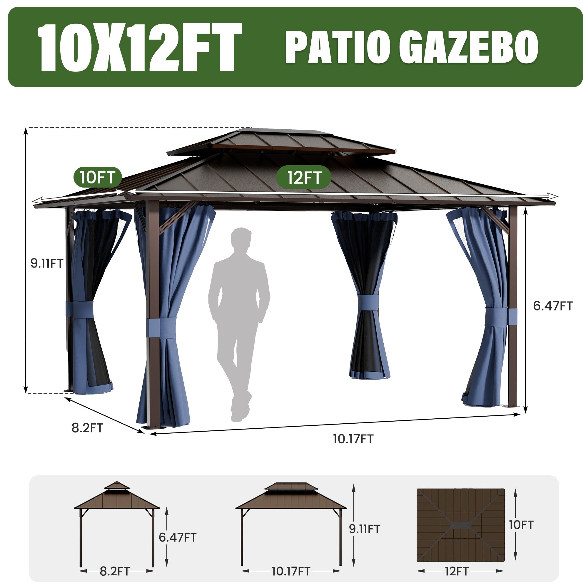 UDPATIO 10x12 Hardtop Gazebo, Aluminum Frame with Double Galvanized Steel Roof, Hard Top Patio Outdoor Metal Gazebos, Permanent Gazebo with Mosquito Netting and Curtain for Backyard, Deck, Navy Blue