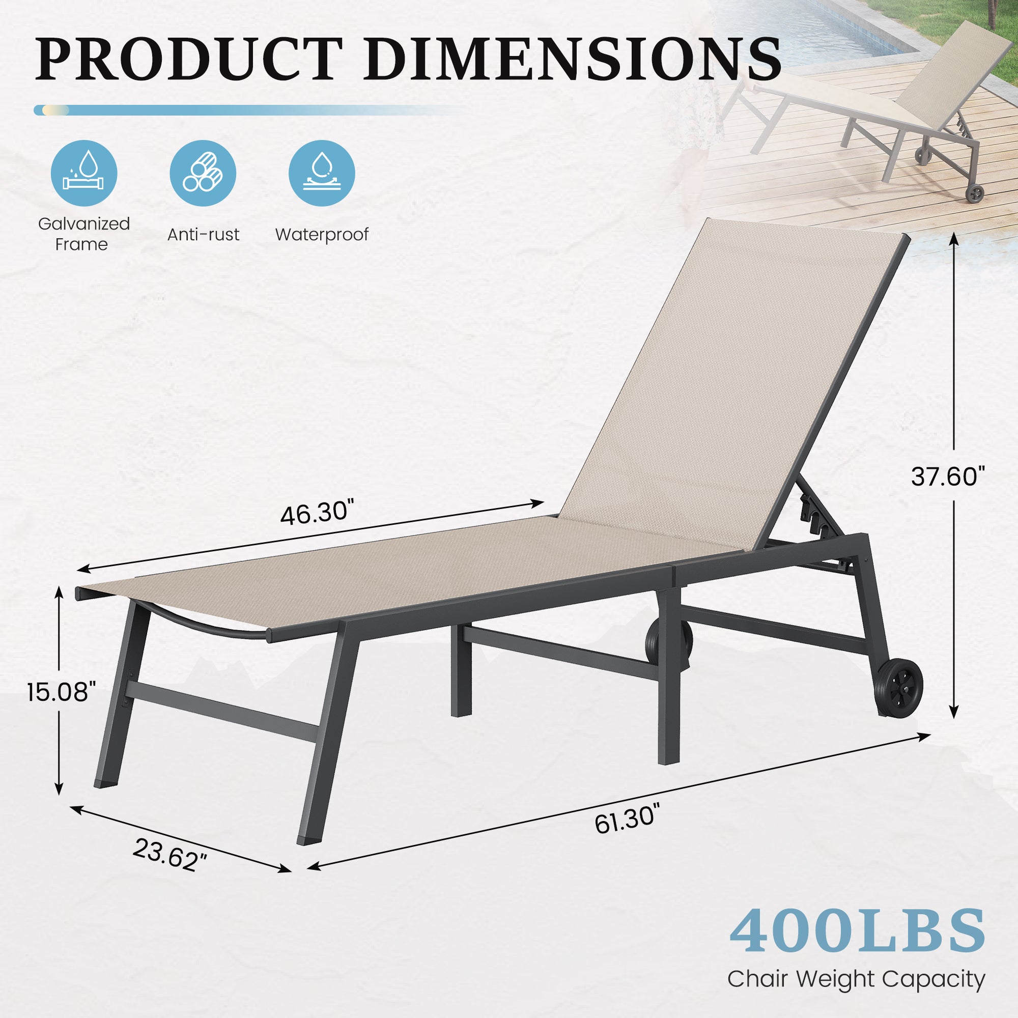 Outdoor Chaise Lounge Chair Set of 2 with Table Pool Lounge Chairs for Outside, Adjustable Lounger for Poolside Lawn Deck Lay Flat Sunbathing Backrest for Patio, Beach, Yard(Brown)