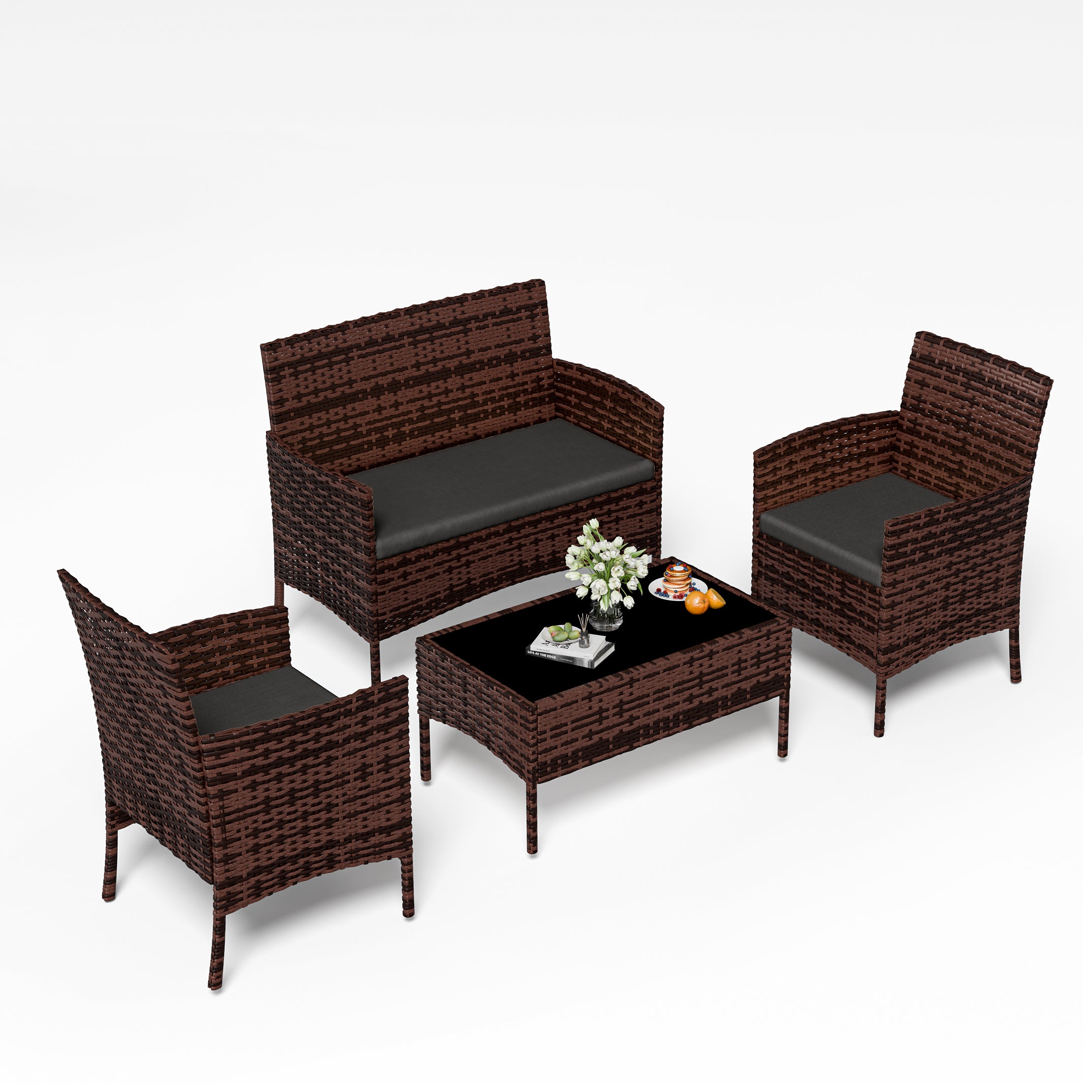 UDPATIO 4 Pieces Outdoor Patio Furniture,Sectional Conversation Sets,Brown PE Rattan Patio Chairs with Table and Loveseat for Balcony, Porch, Backyard,(Gray Cushion)